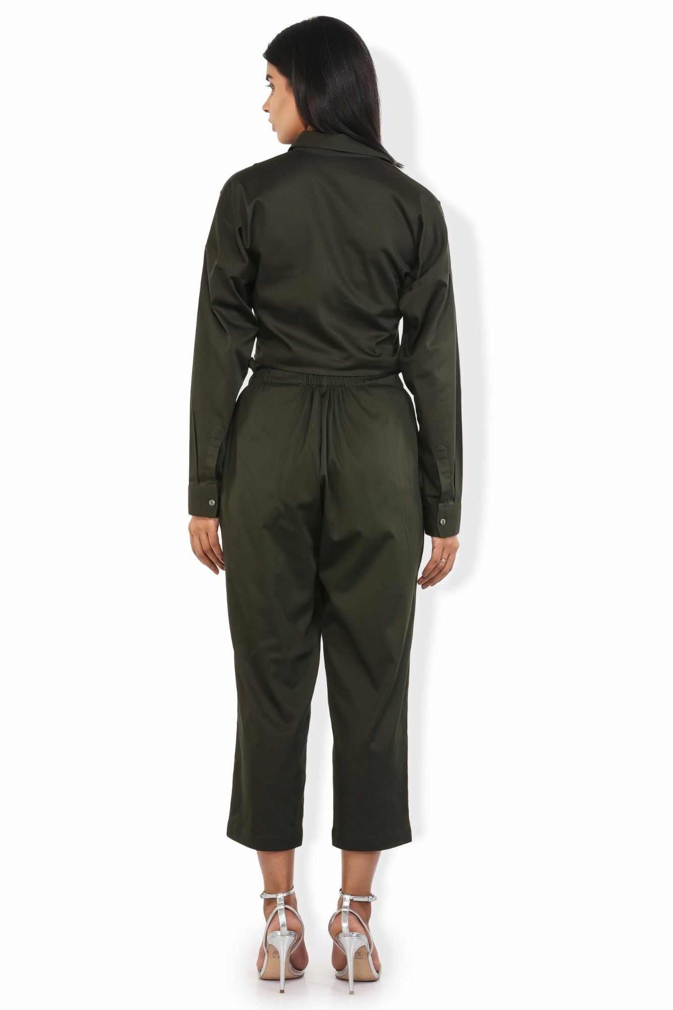 drop sleeves fern green crop shirt with silver crystals embellishments