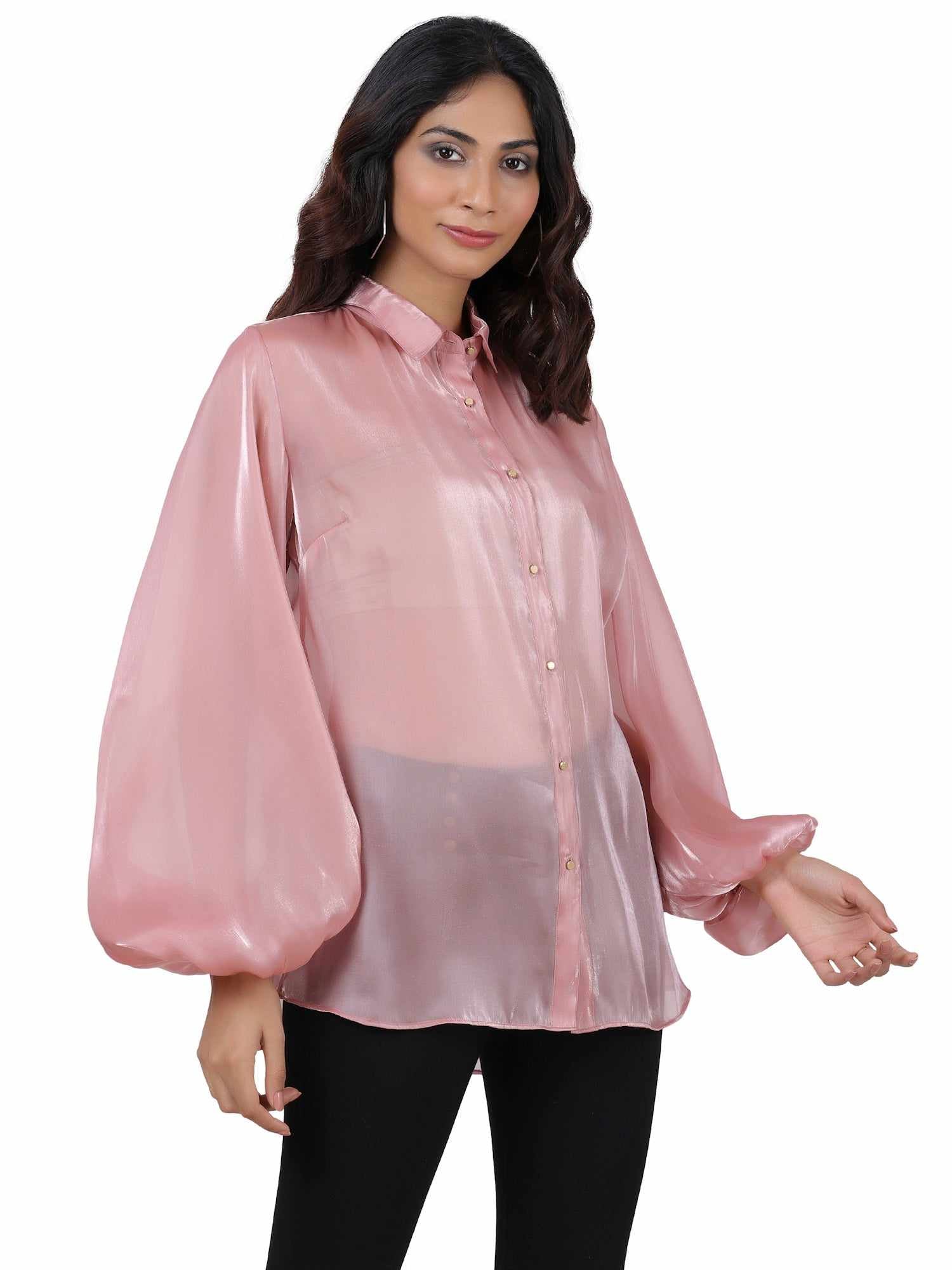 black billowy sleeved glass organza top