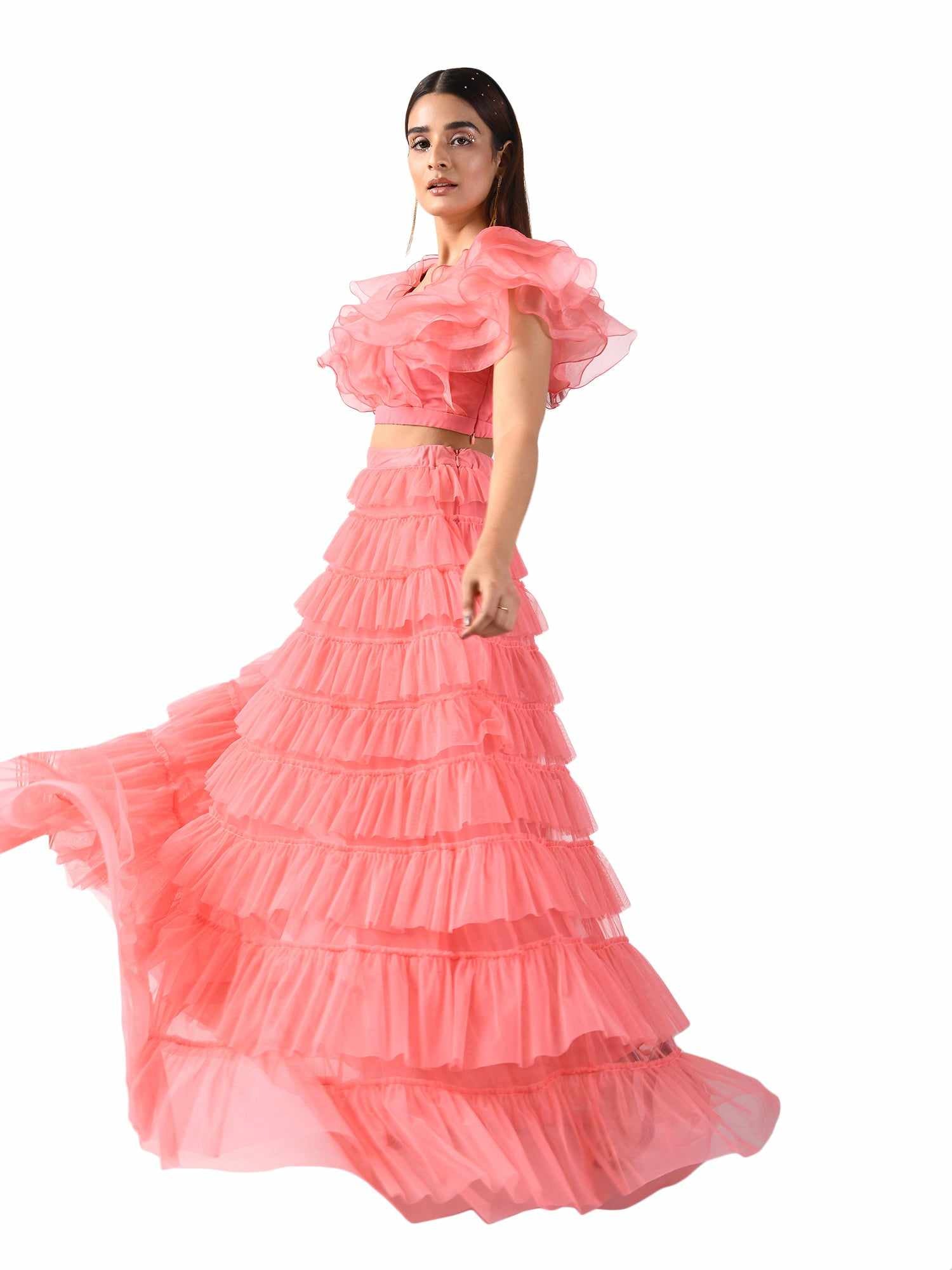 pink ruffles long skirt