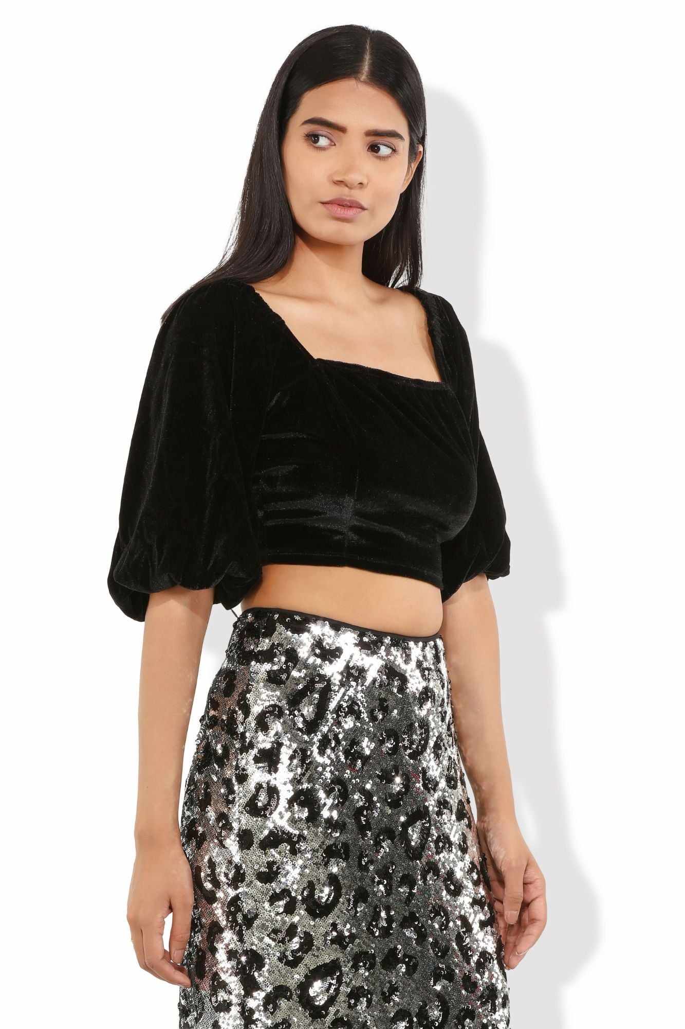 black plush velvet billowy sleeves blouse