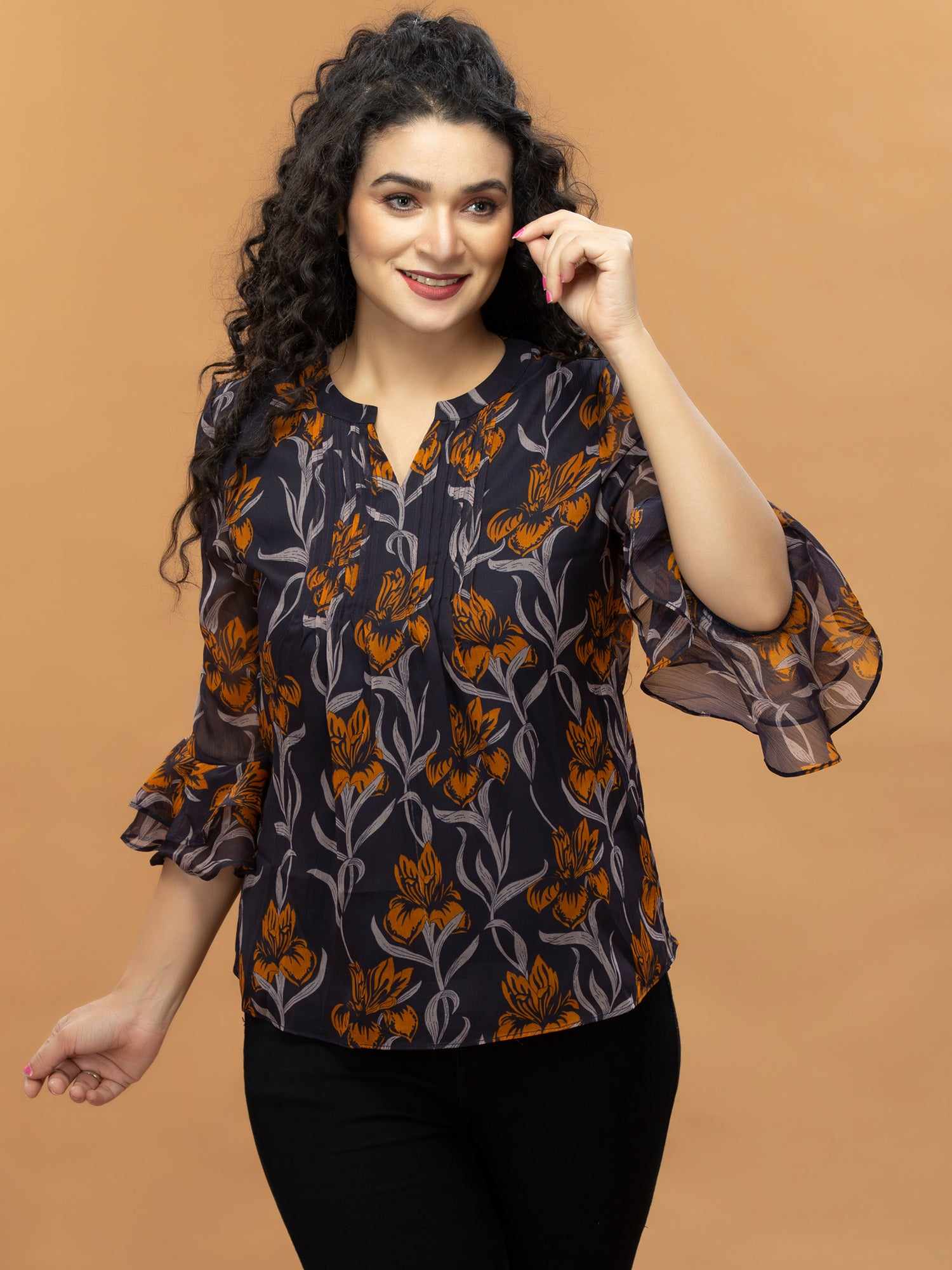front pleated printed top