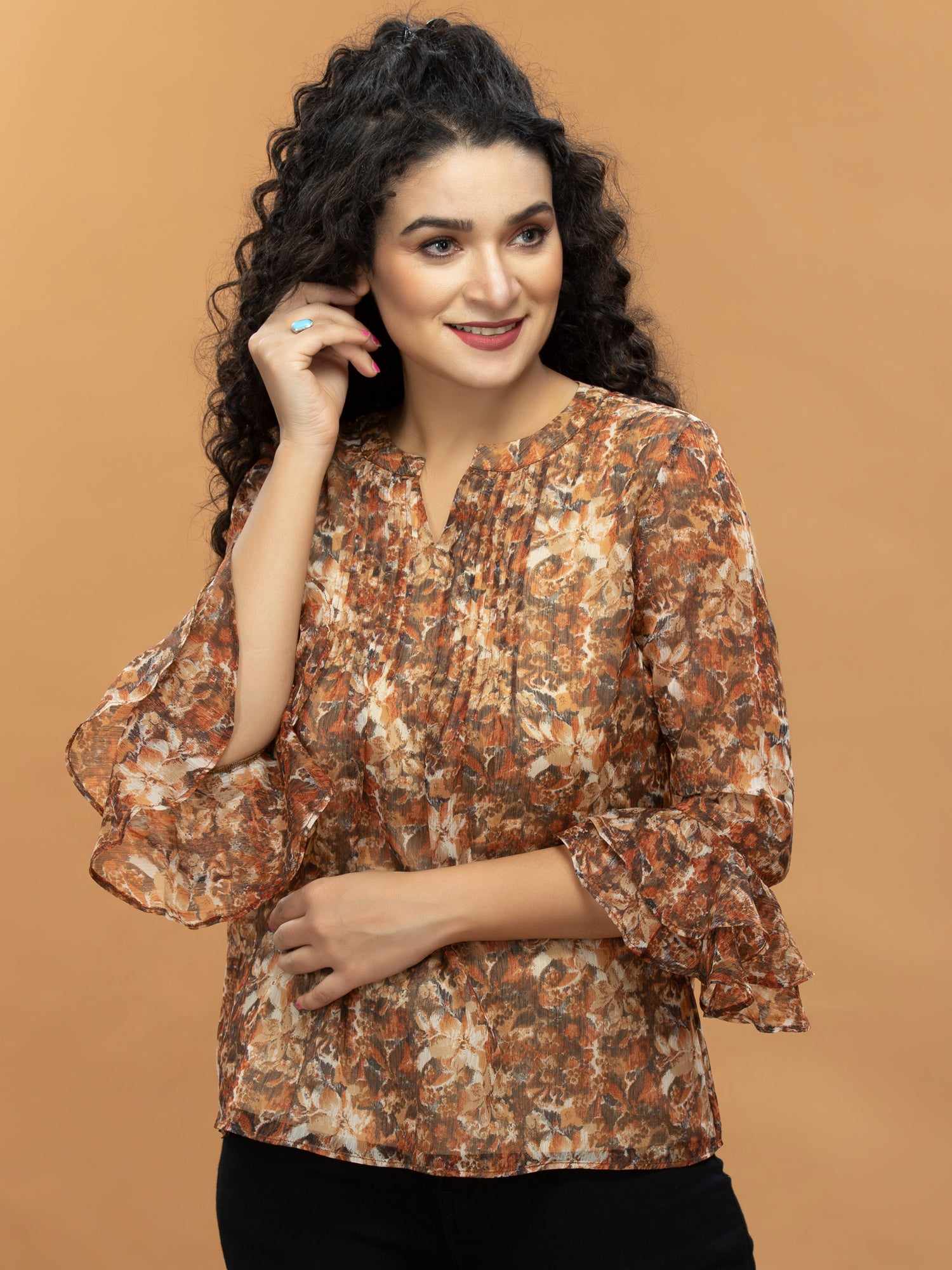 front pleated printed top