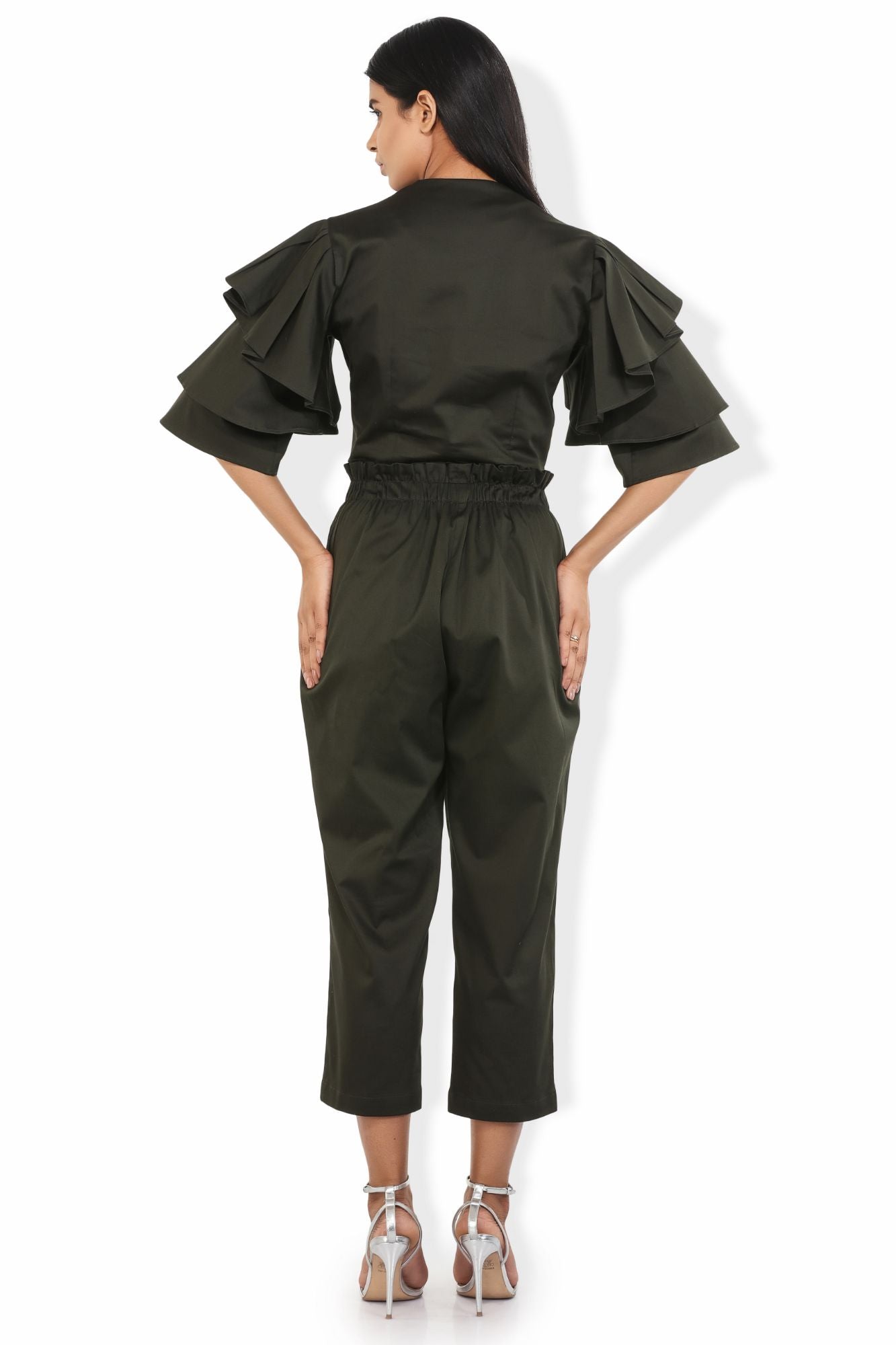 fern green flouncy ruffled sleeves v neck crop blouse