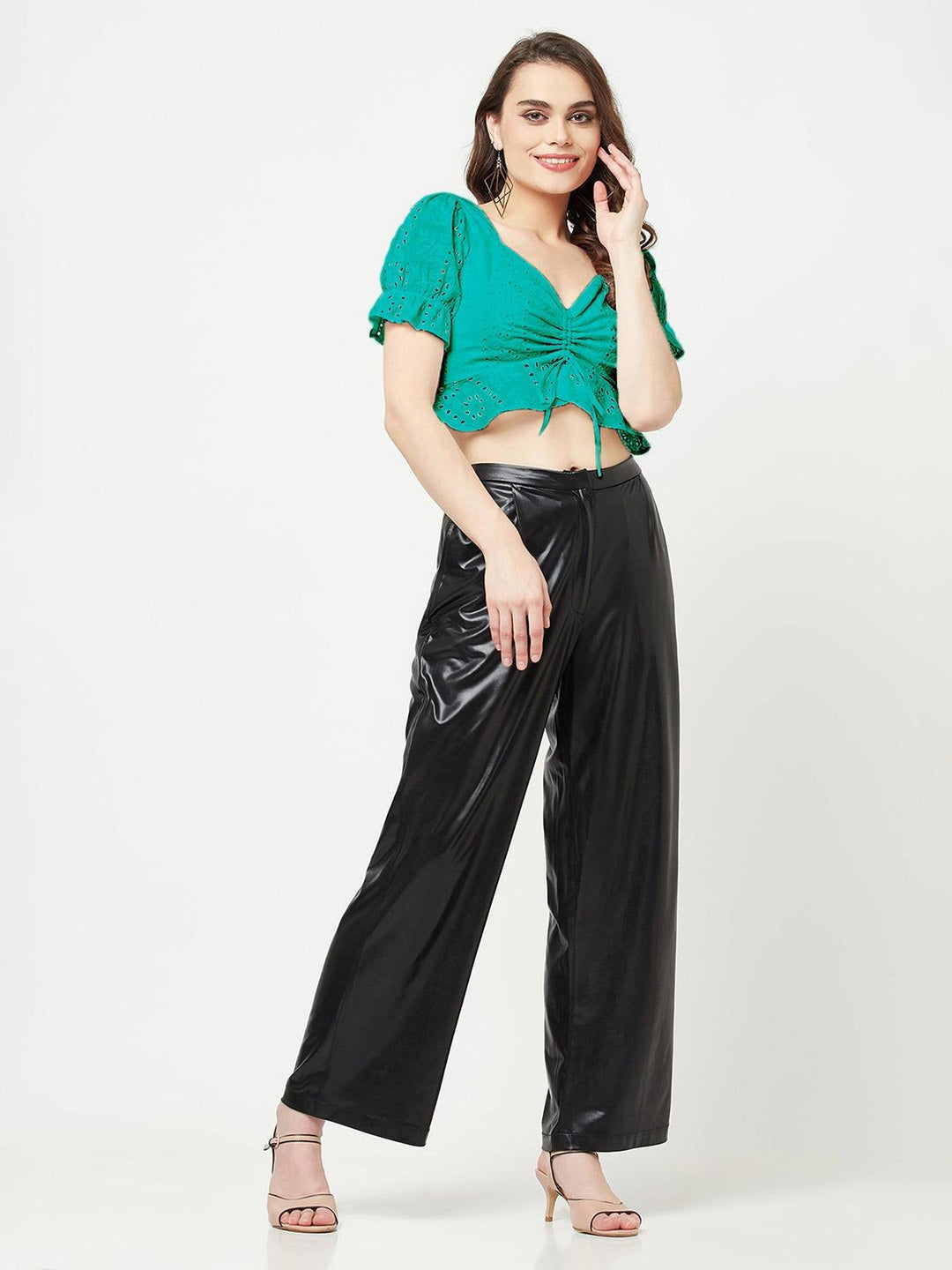 green schiffli top with front ruche
