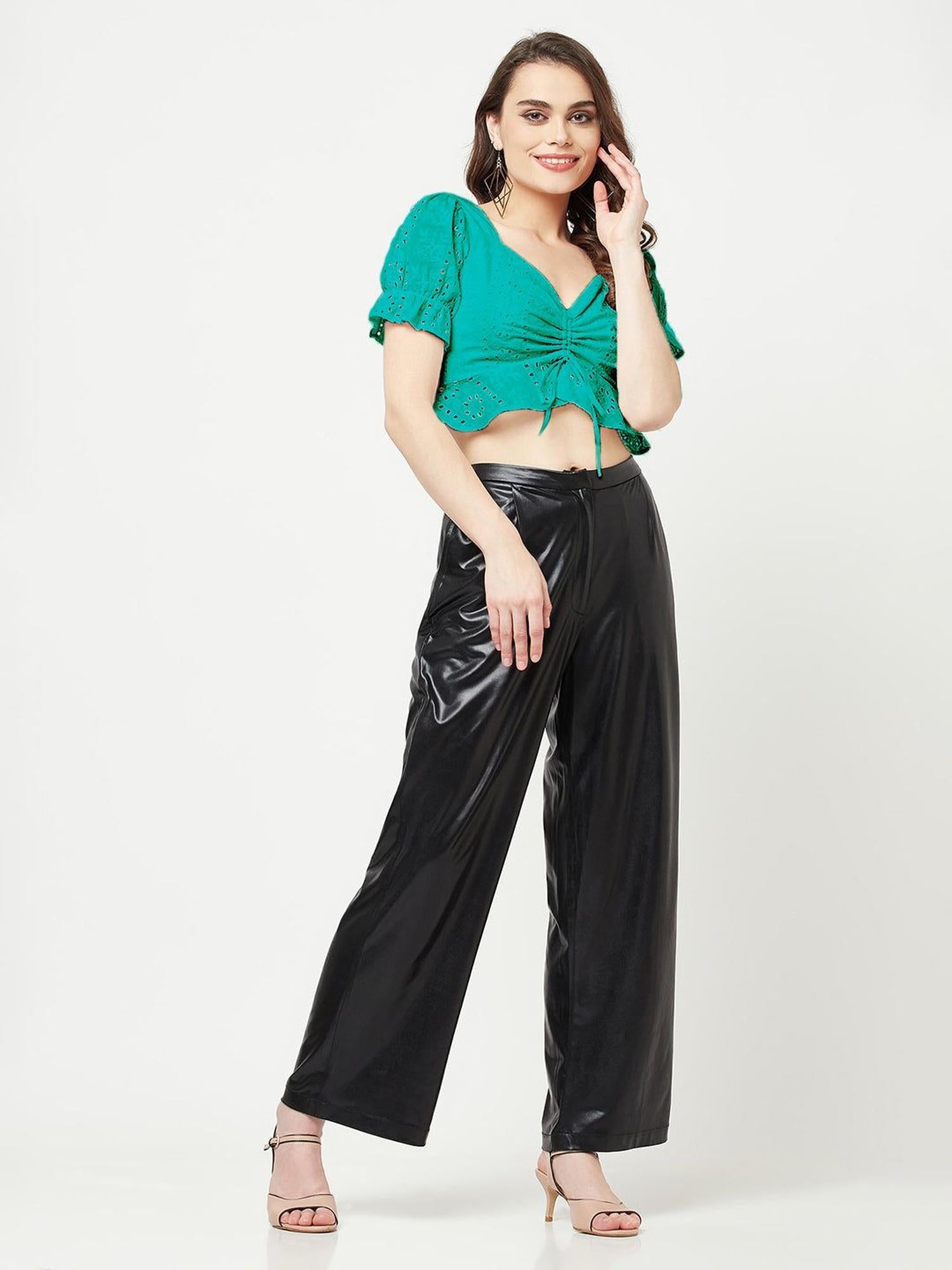 Green Schiffli Top With Front Ruche