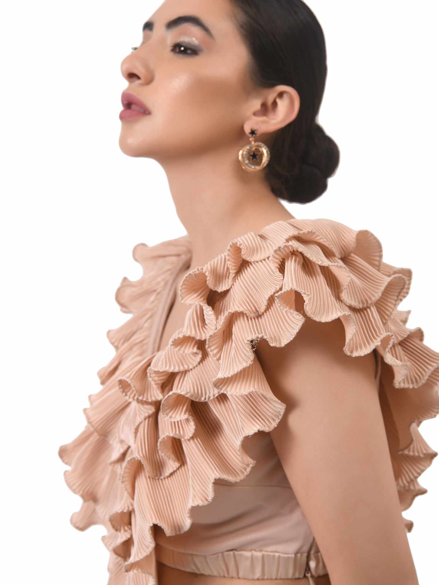 imaginative pleated nude ruffle top