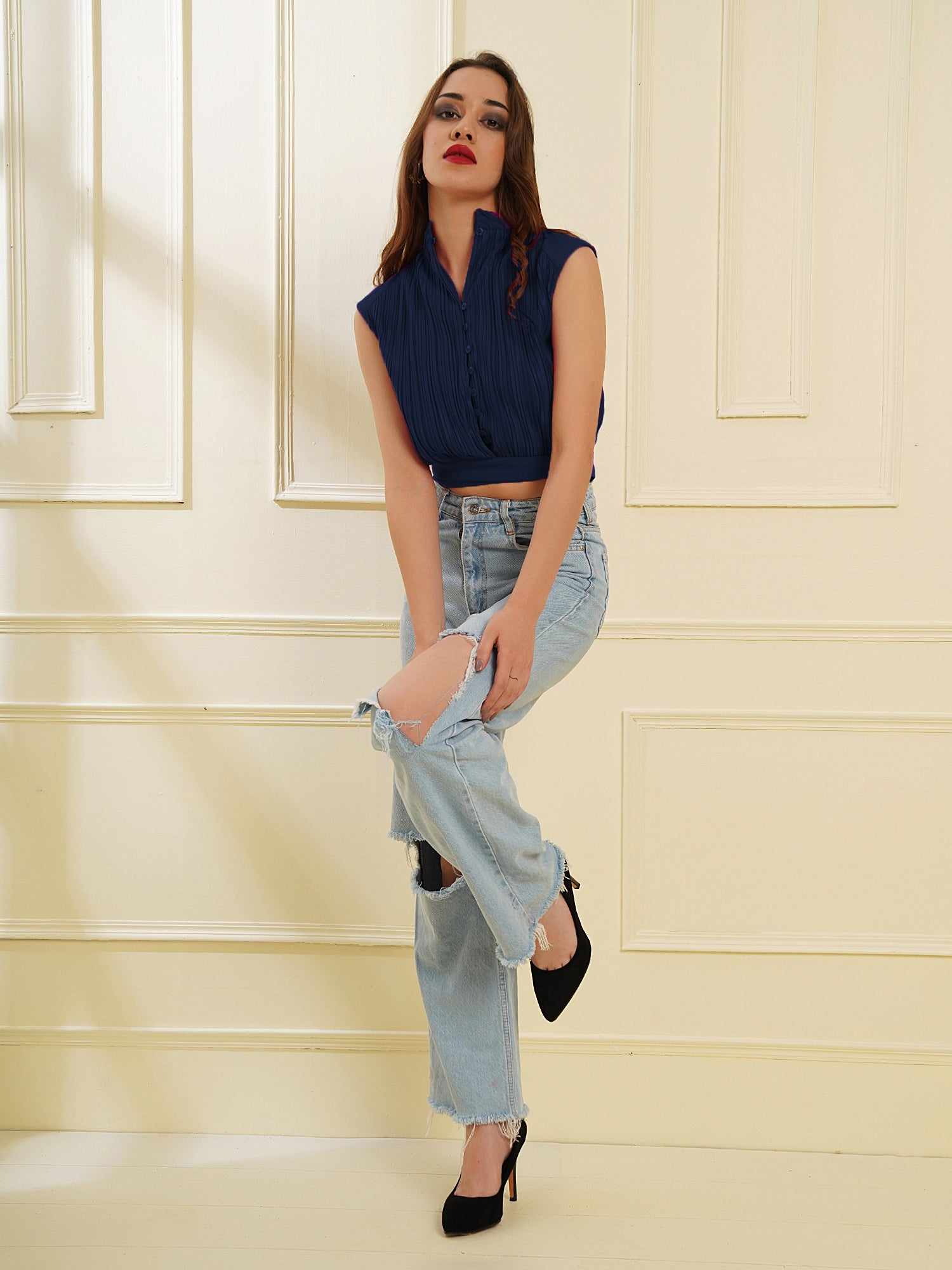 navy pleated crop top