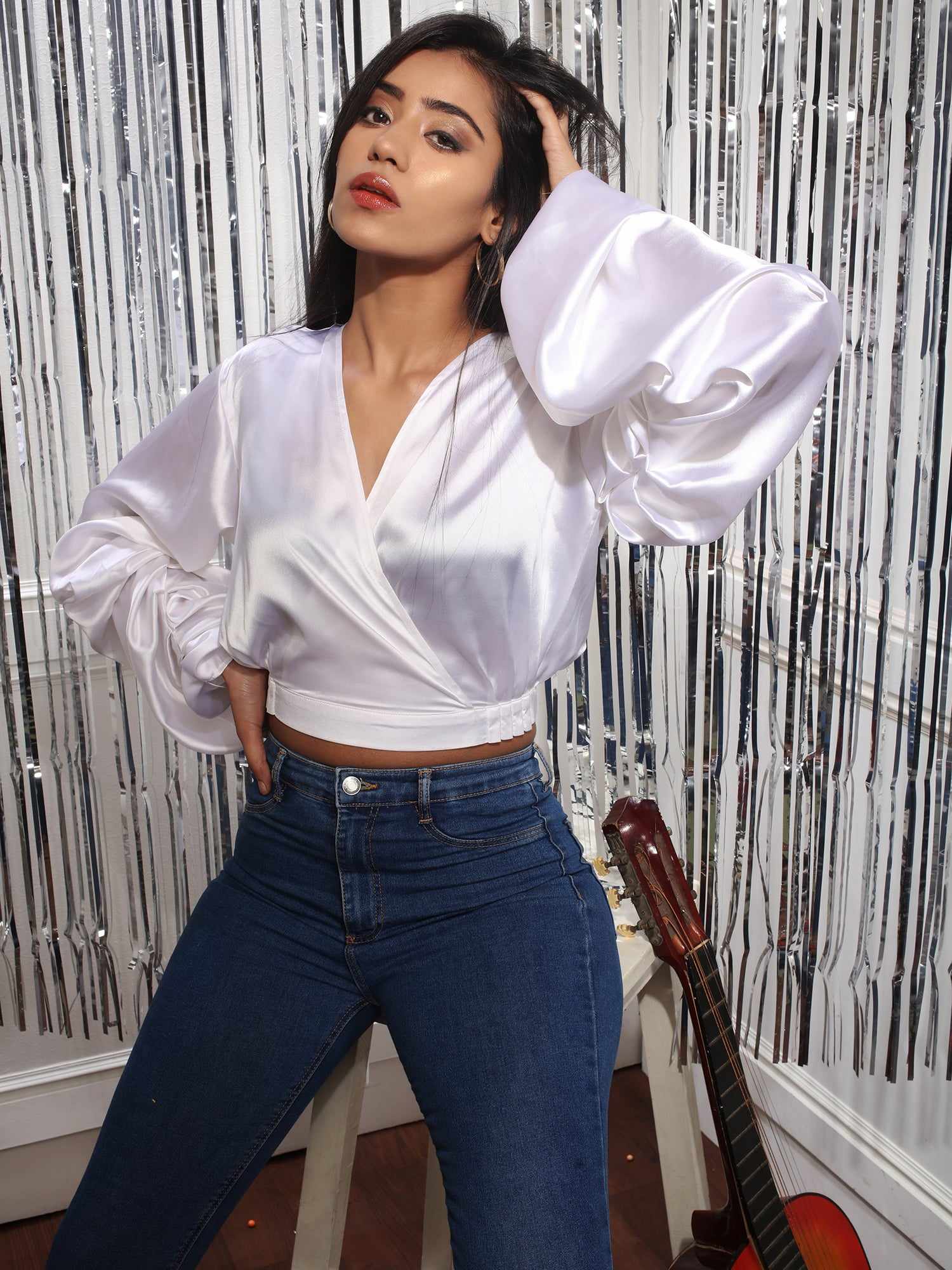 folksy pearl white satiny crop top