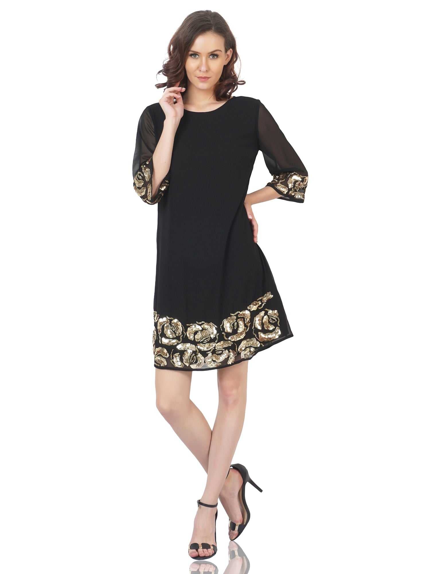 rose motif black dress