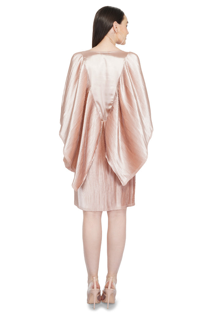 flutter sleeve pleated satin dress