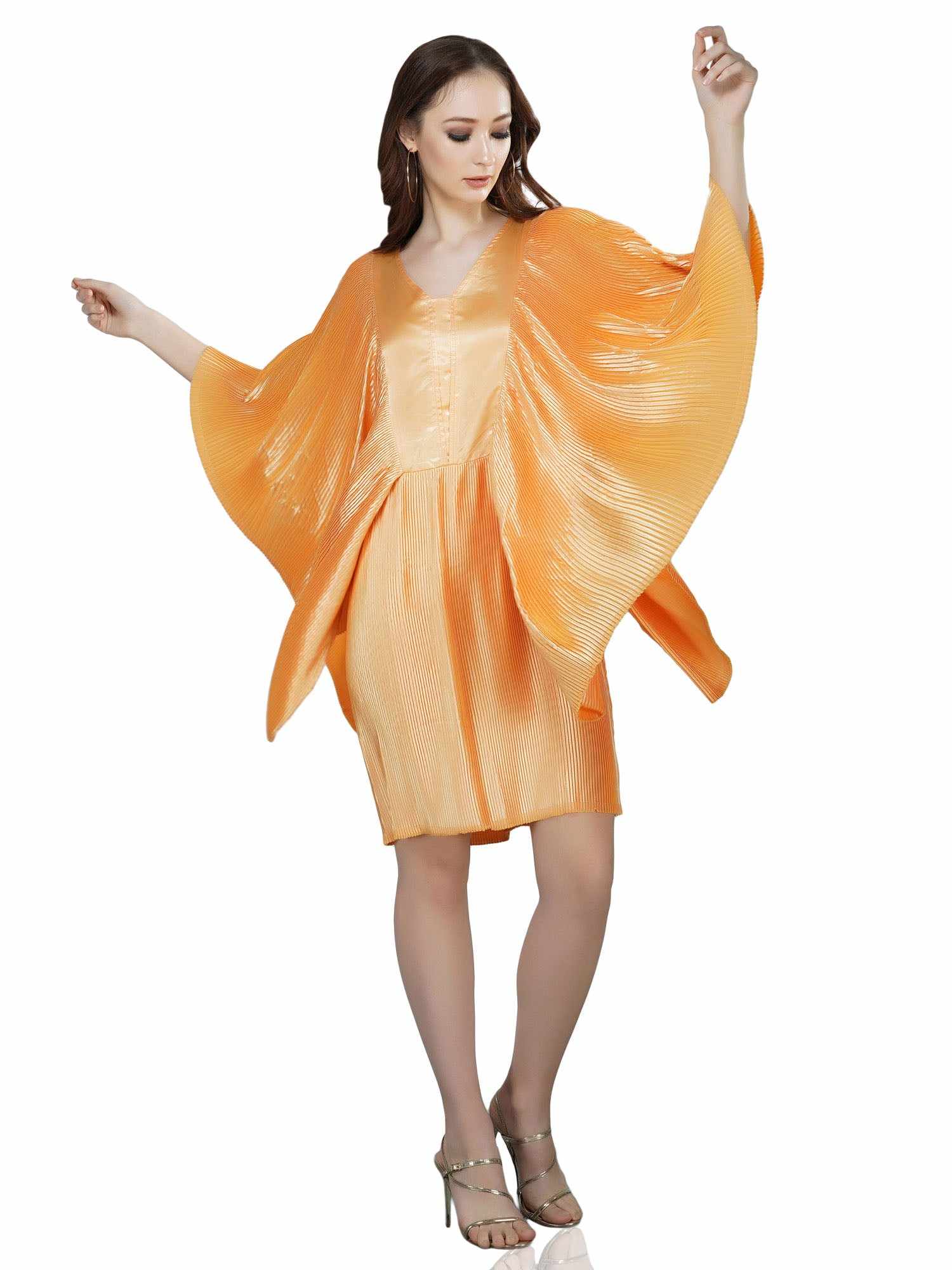 flutter sleeve pleated satin dress