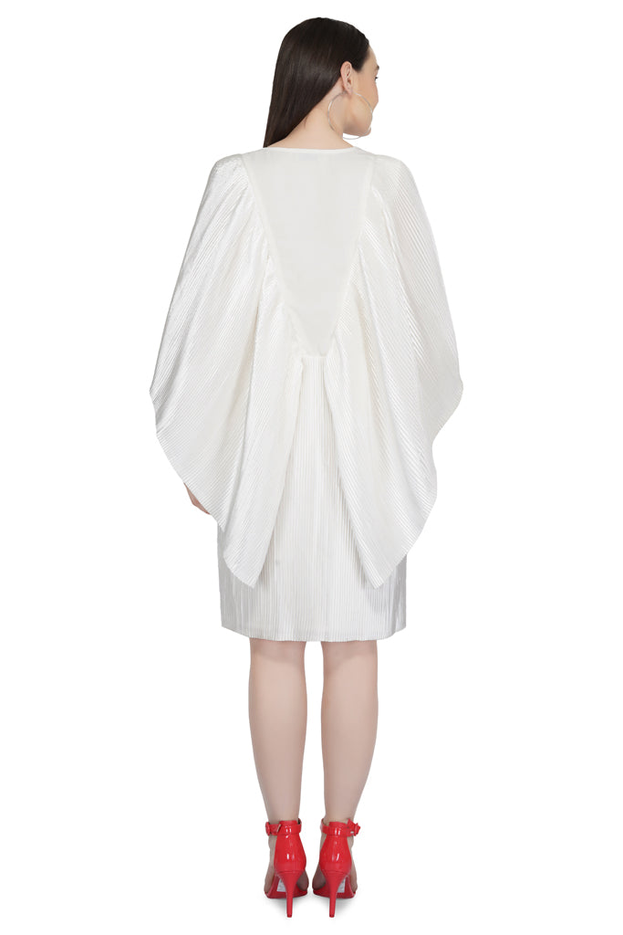 flutter sleeve pleated white satin dress