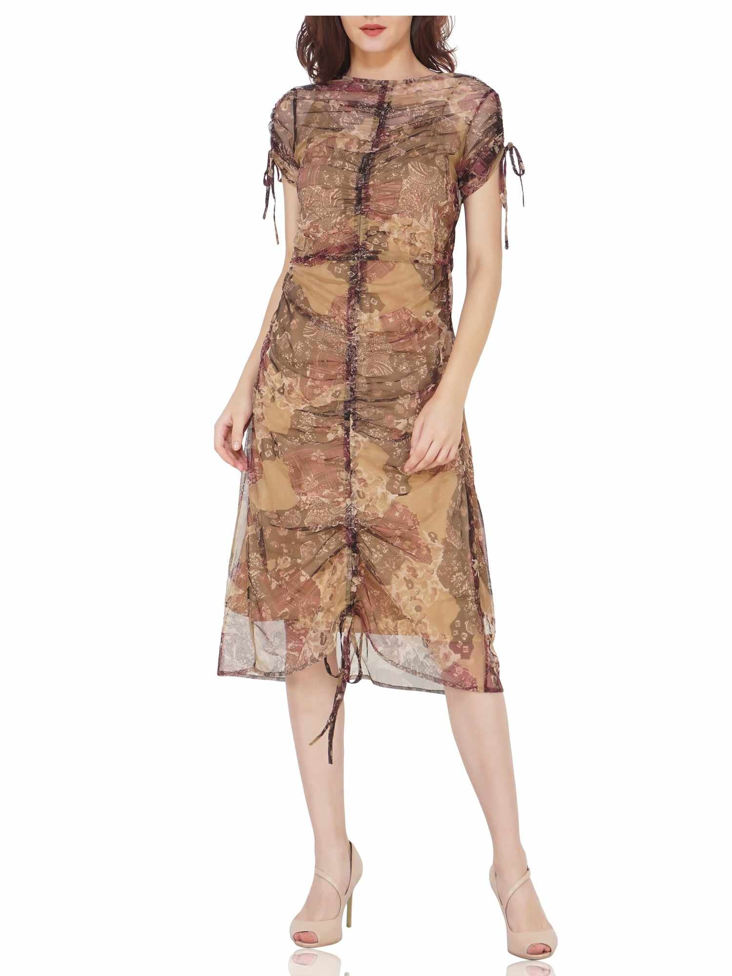 printed tulle dress with beige slip