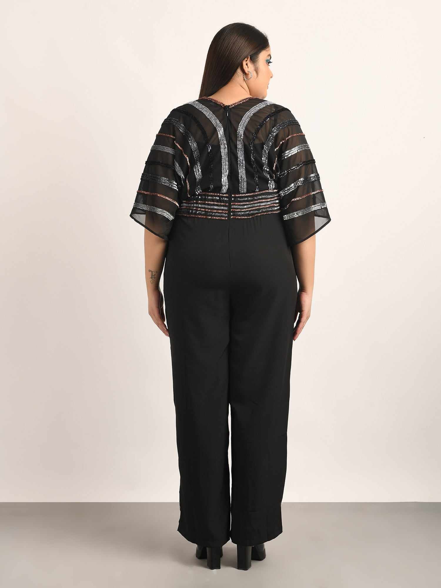 attic curves flutter sleeve rainbow sequin jumpsuit