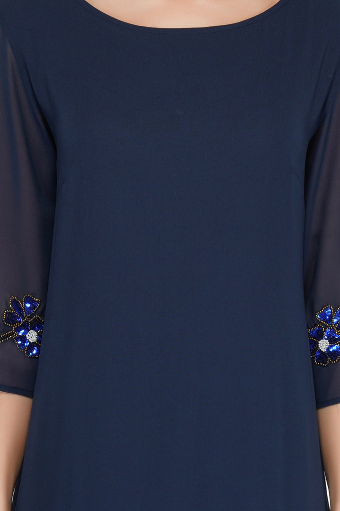 border embellished blue dress