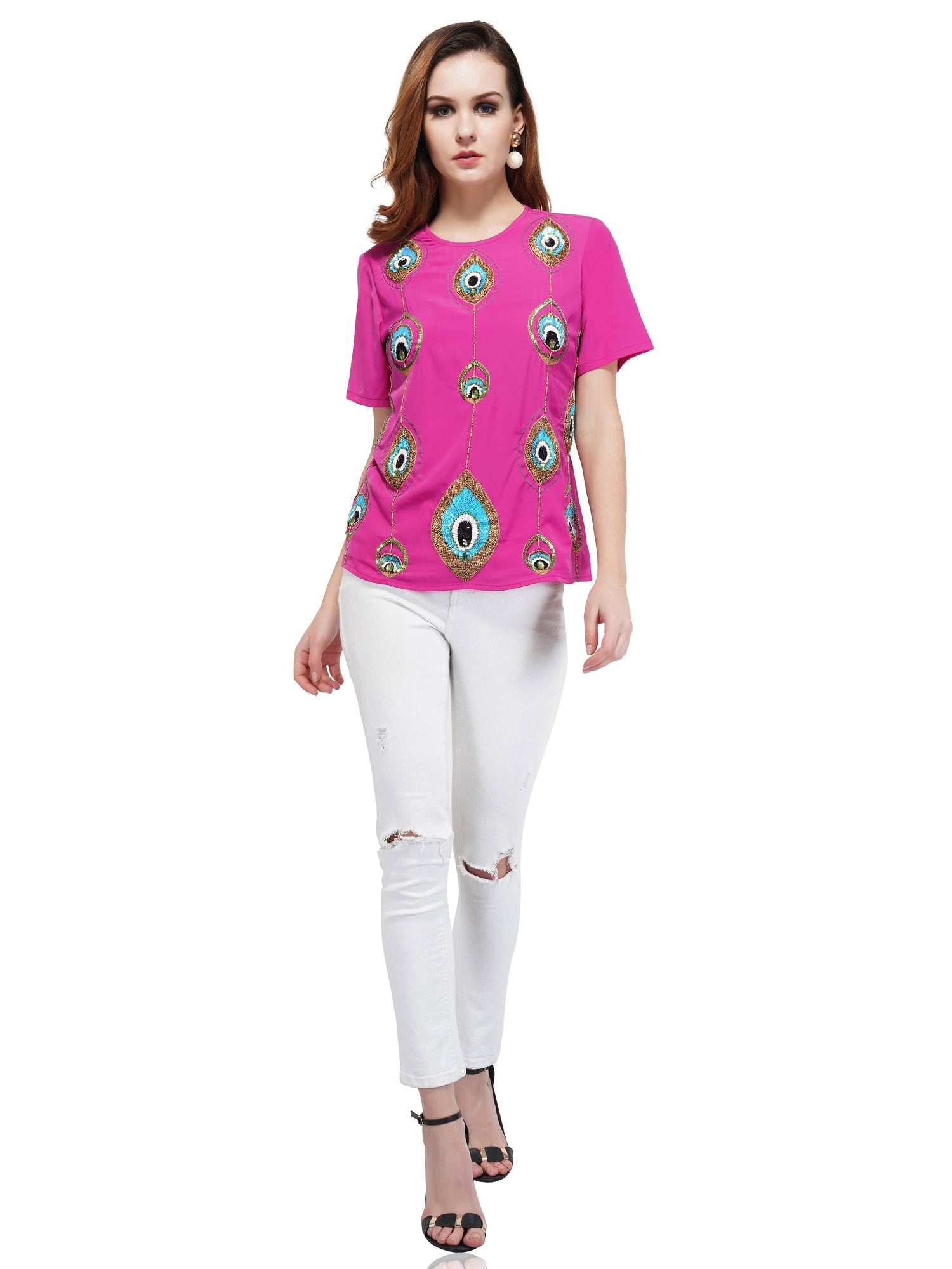 peacock motif magenta top