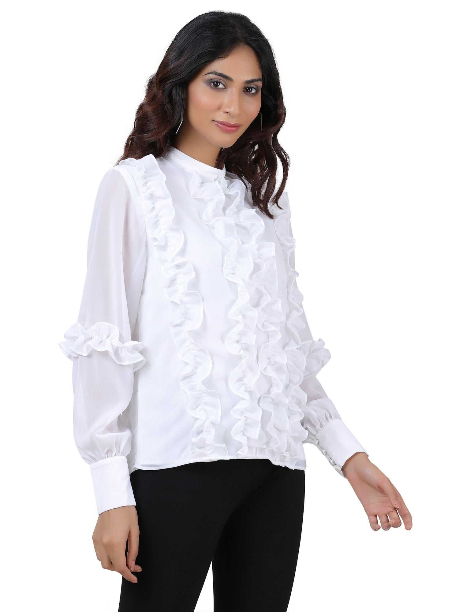 white ruffle top