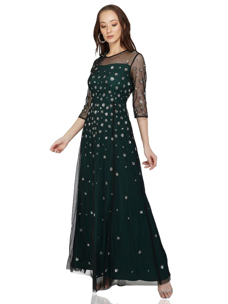 beaded tulle gown with green lining