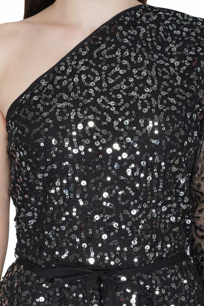 off shoulder black sequin gown