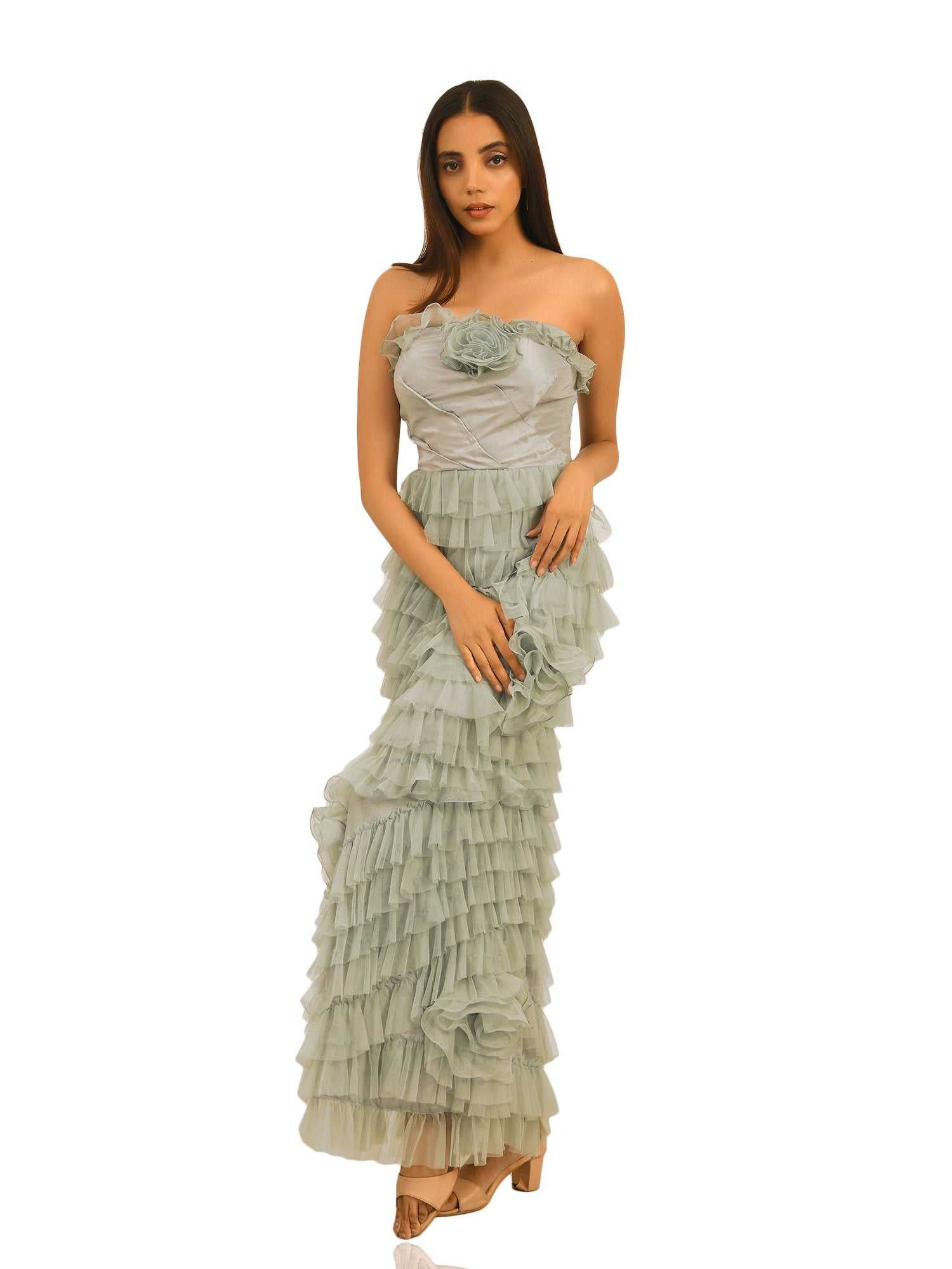 prom night ruffled grey gown