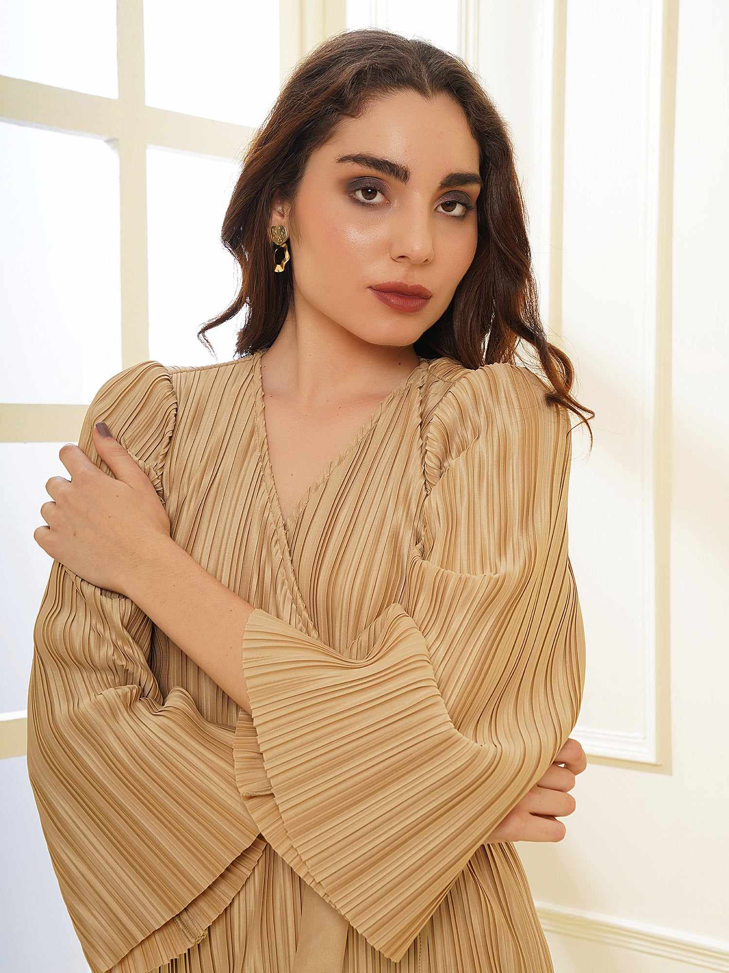 pleated beige wrap knit dress