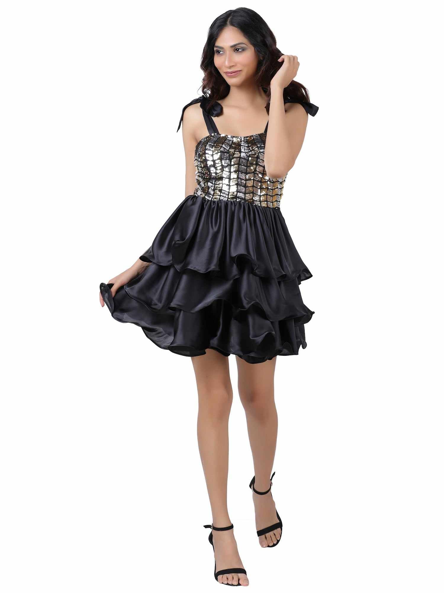 blackbird sequin ruffle tie up dress