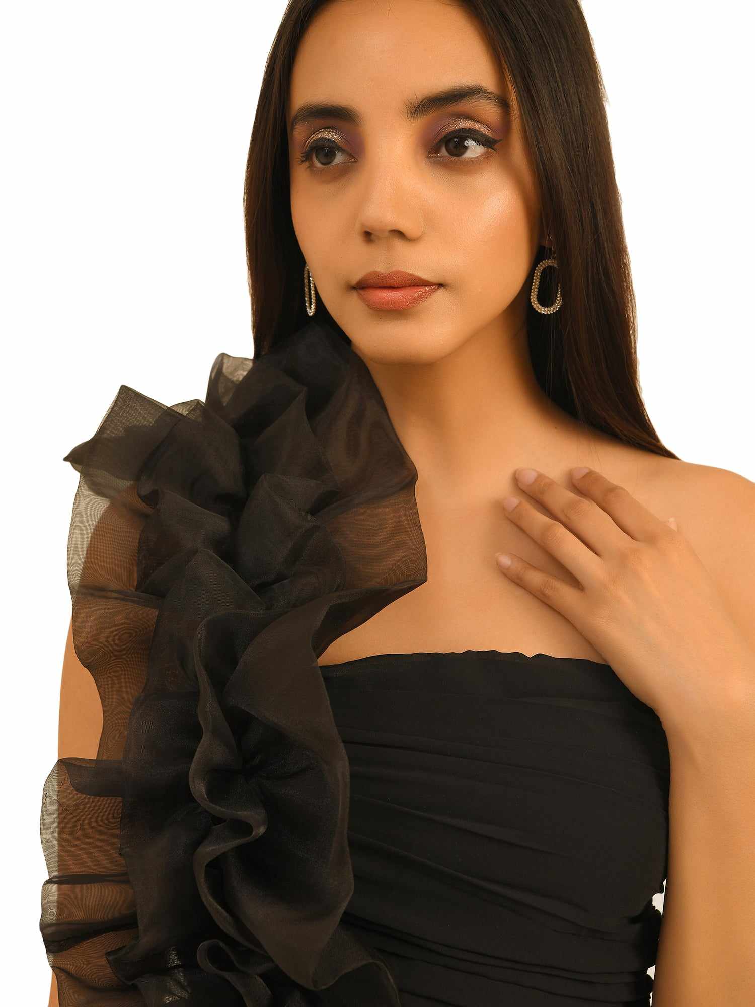 ondine one shoulder ruffled black dress