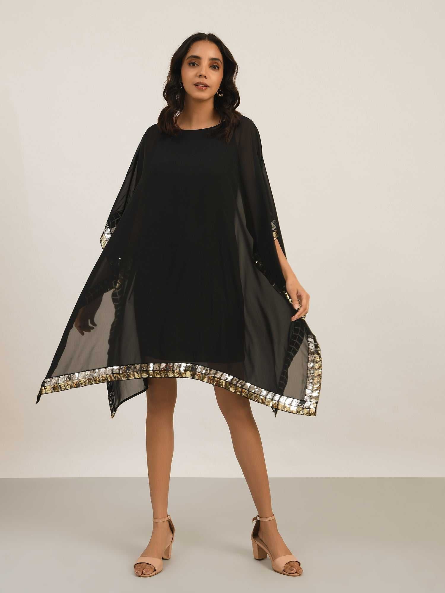 black dual tone sequins cape dress