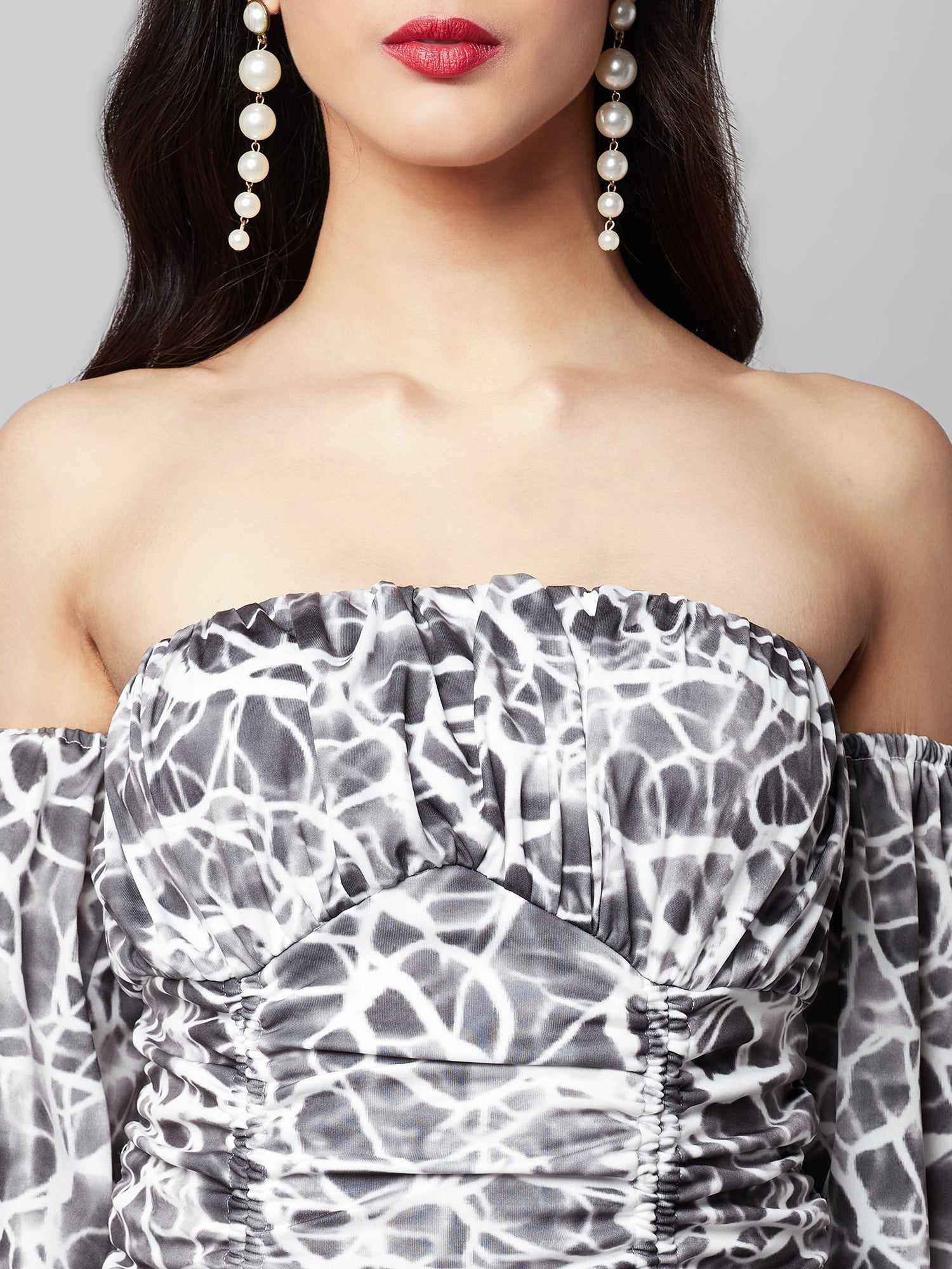 printed white black ruche dress