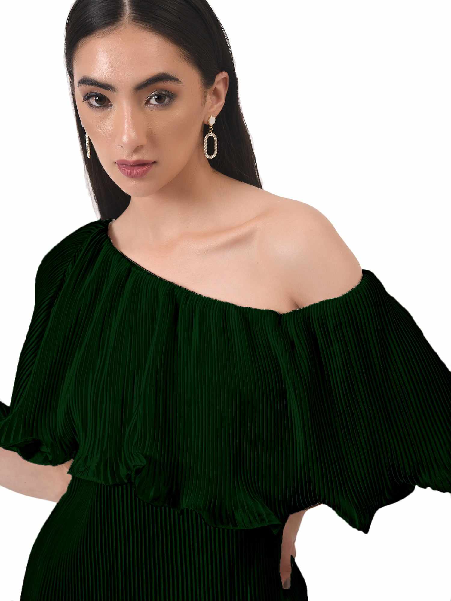 green imaginative pleated white dress