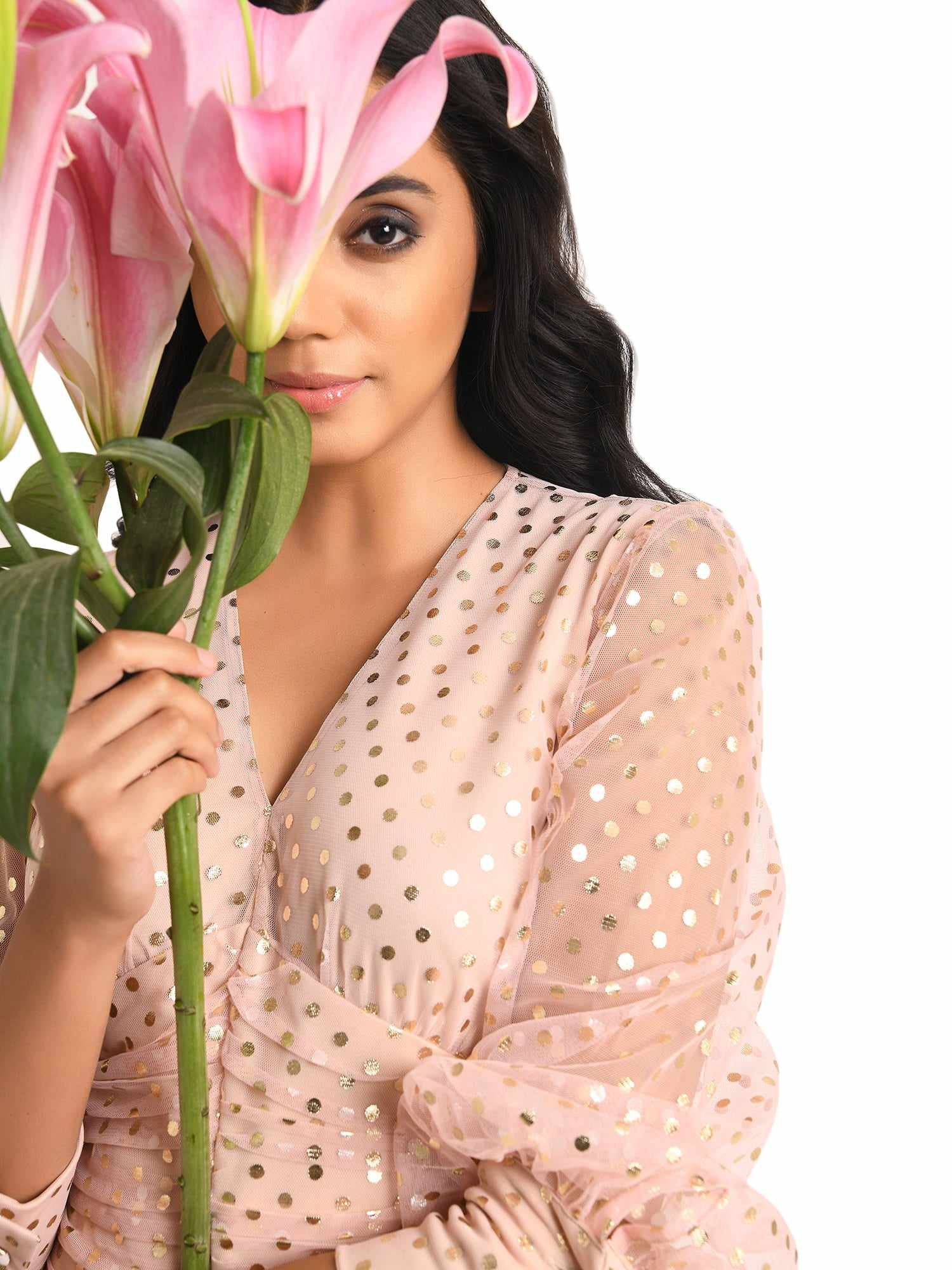 rose pink gold polka dots mesh dress