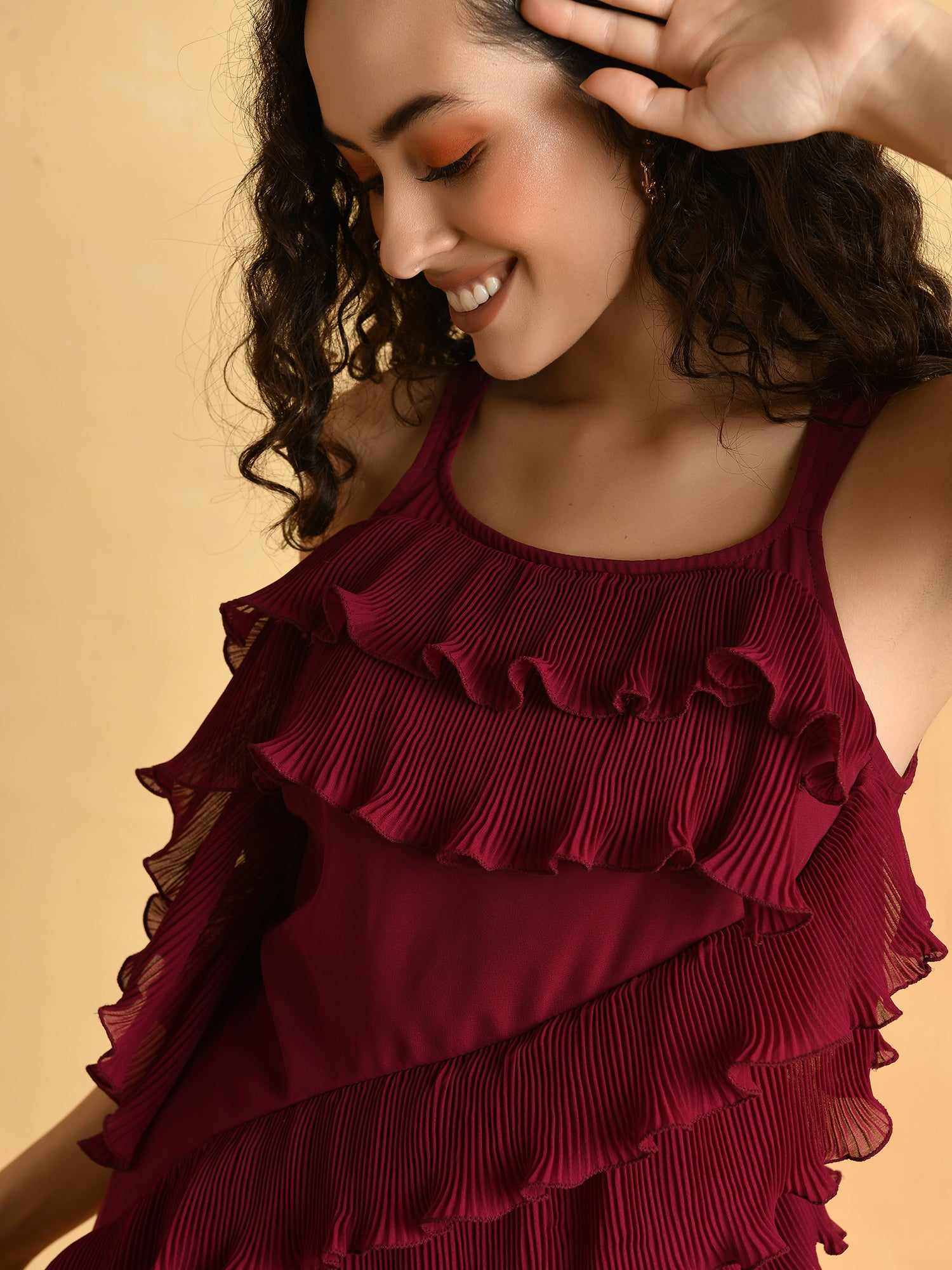 plum pleated ruffle dress