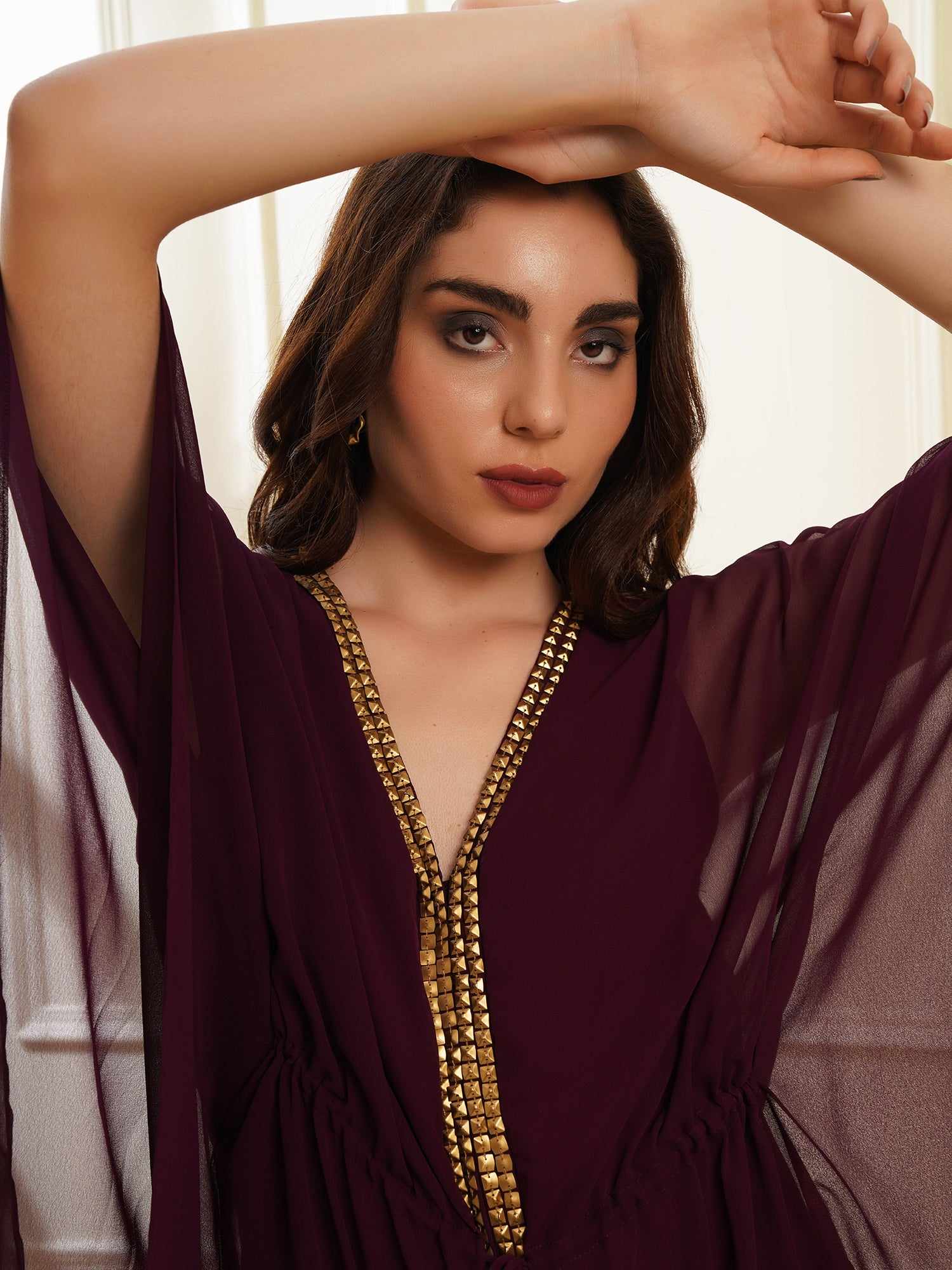 gold embroidered wine kaftan dress