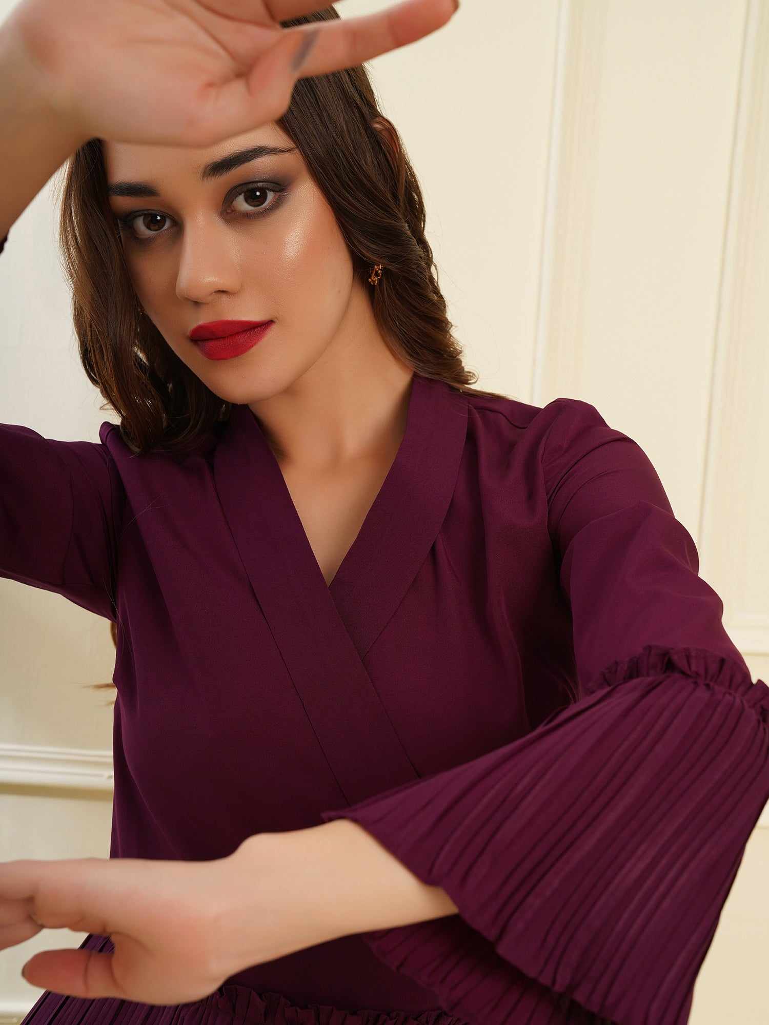 pleated wrap wine dress