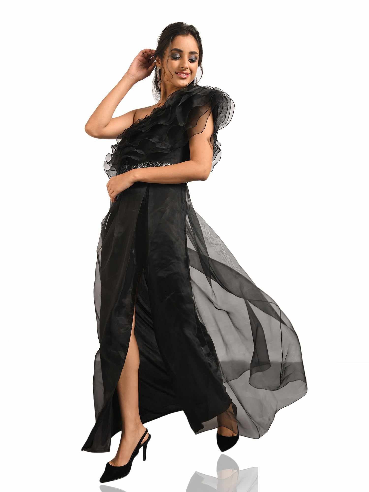 elaina black one shoulder gown