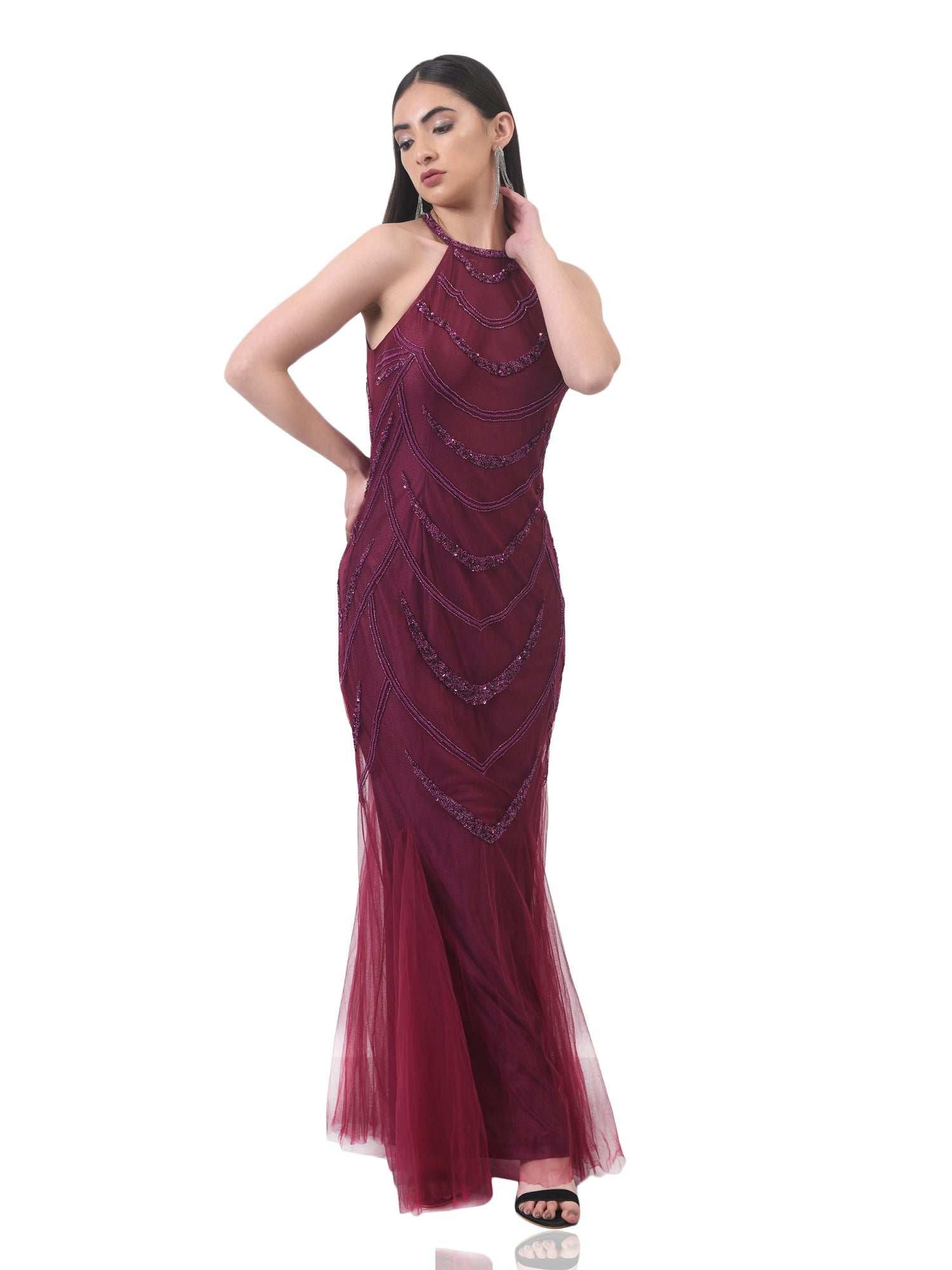 halter neck embellished wine gown
