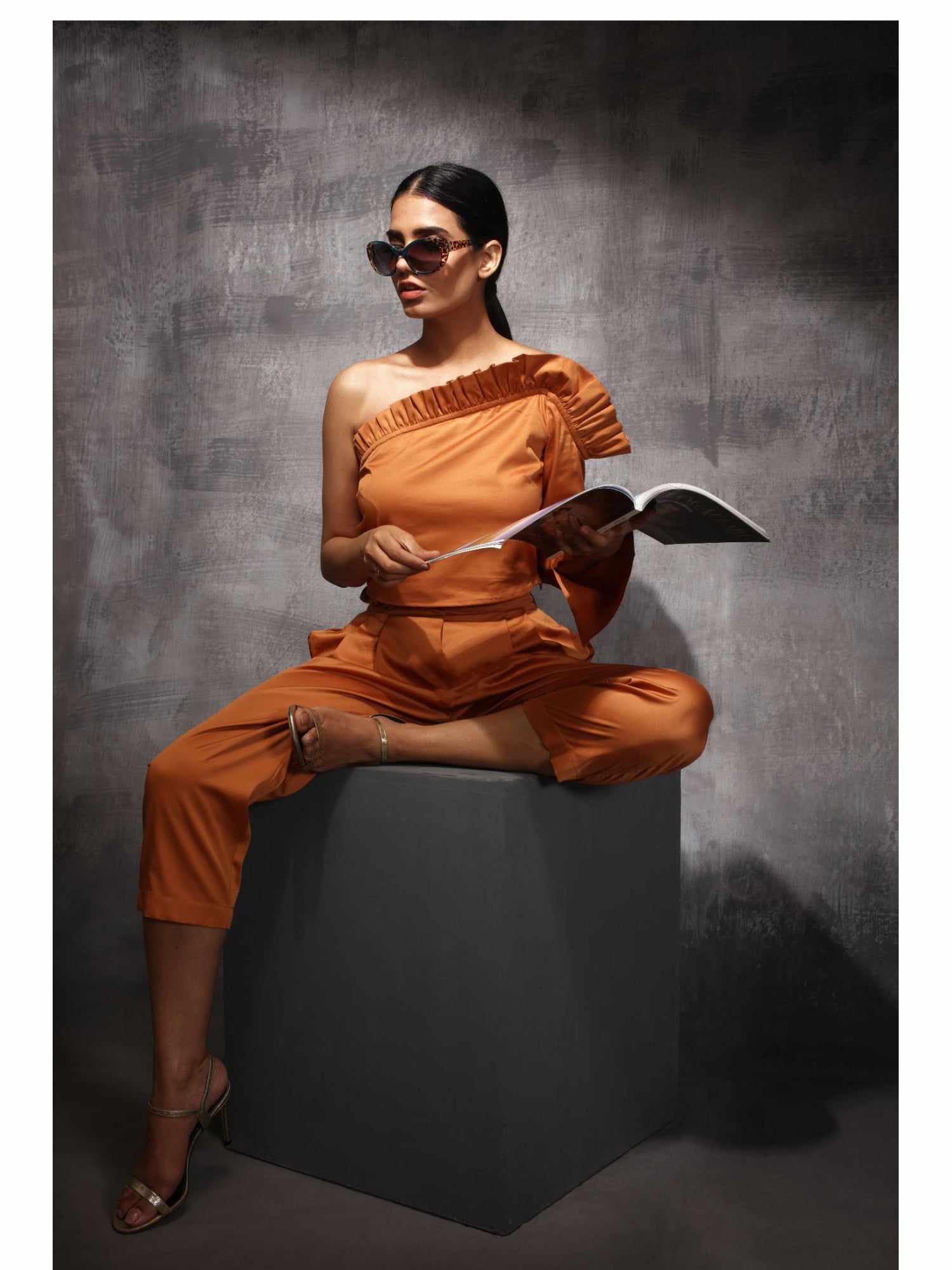 carrot hue pleated waistline cotton satin blend crop pants