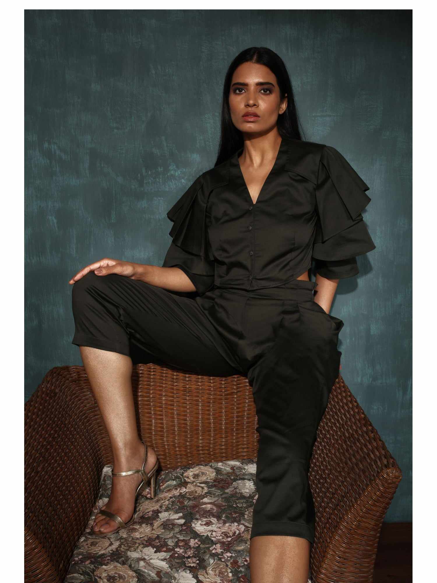 fern green pleated waistline cotton satin blend crop pants