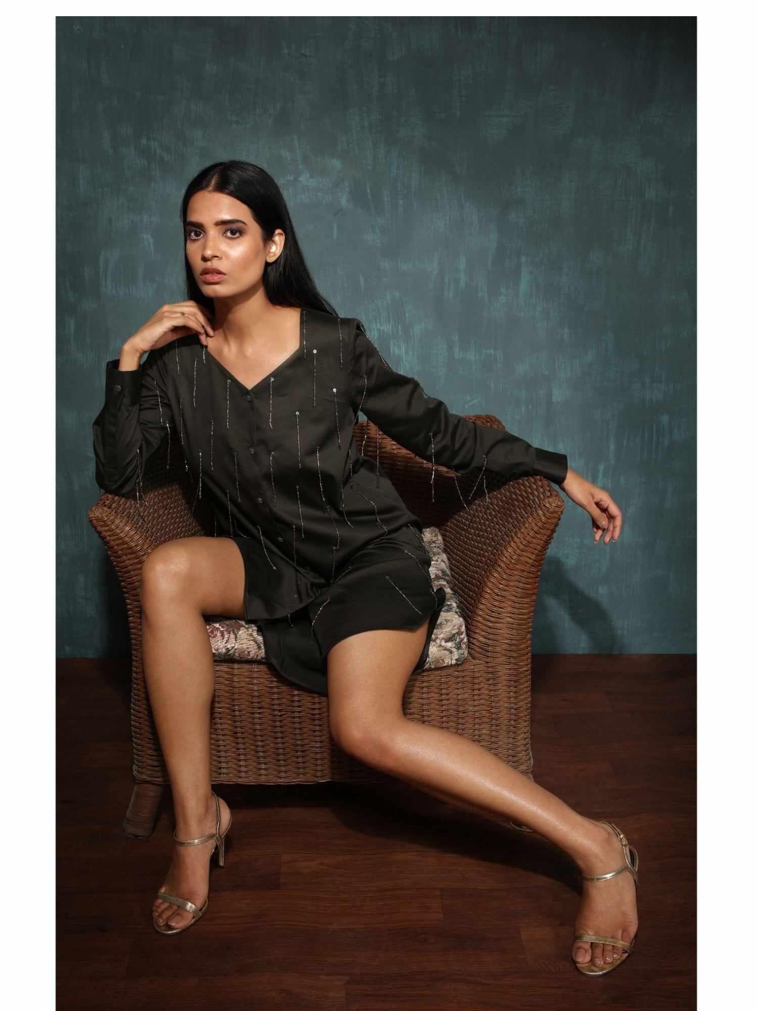 Olivia Fern Green Silver Sequin Tassels High Low Shirt Dress