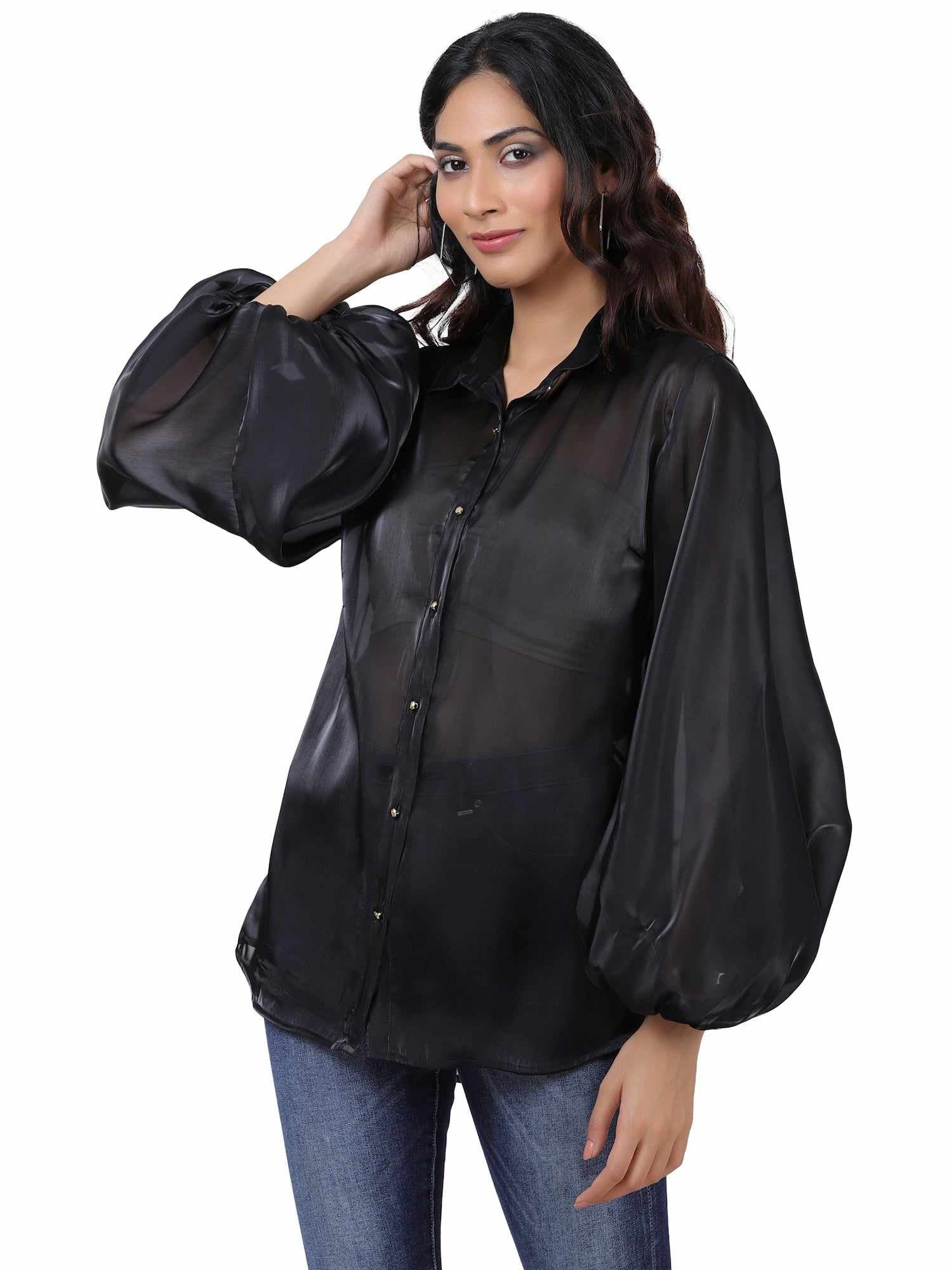 black billowy sleeved glass organza top