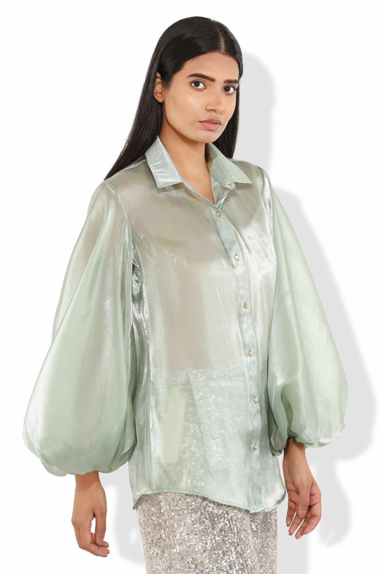 lime green billowy sleeved glass organza shirt