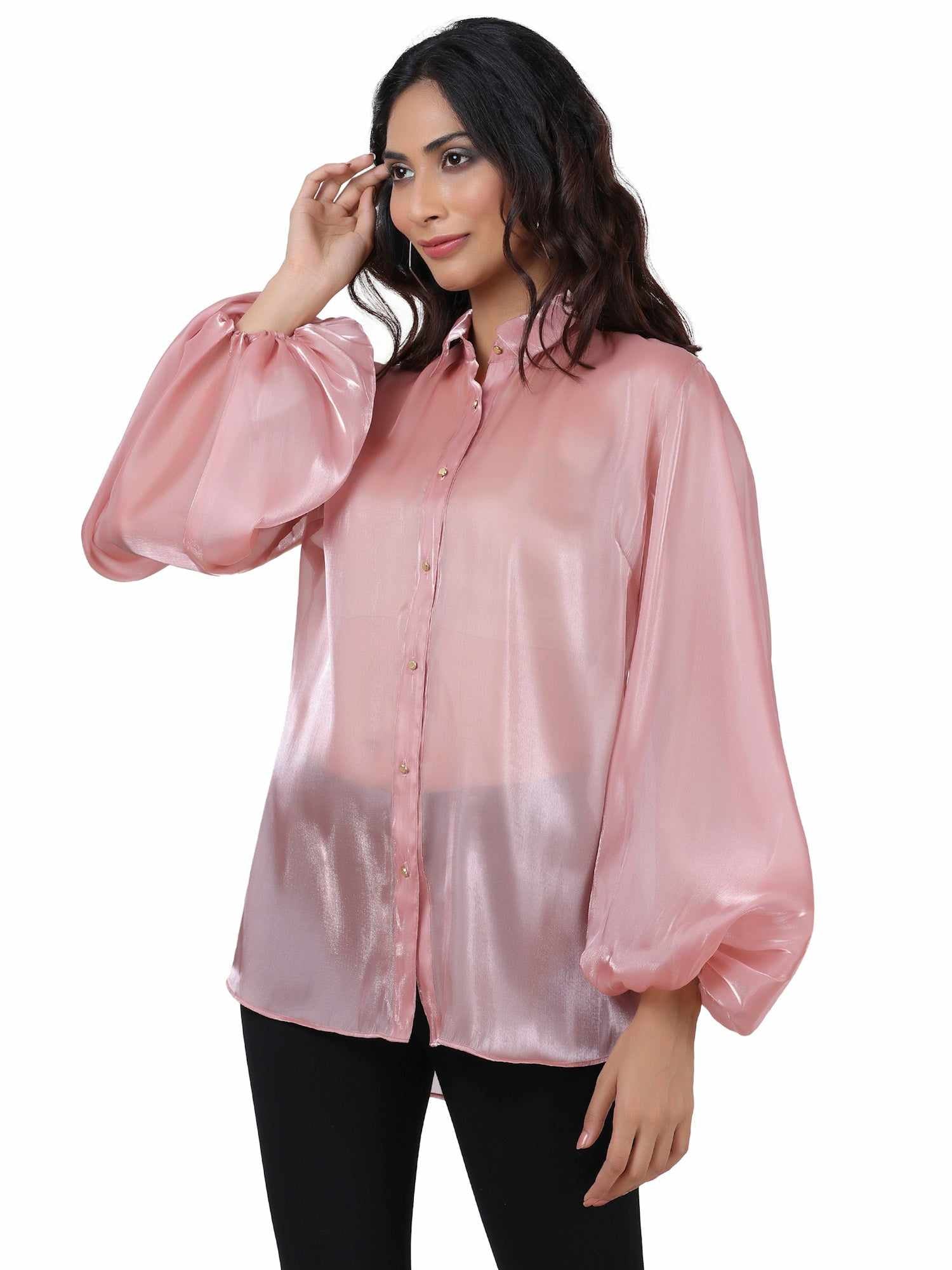 black billowy sleeved glass organza top