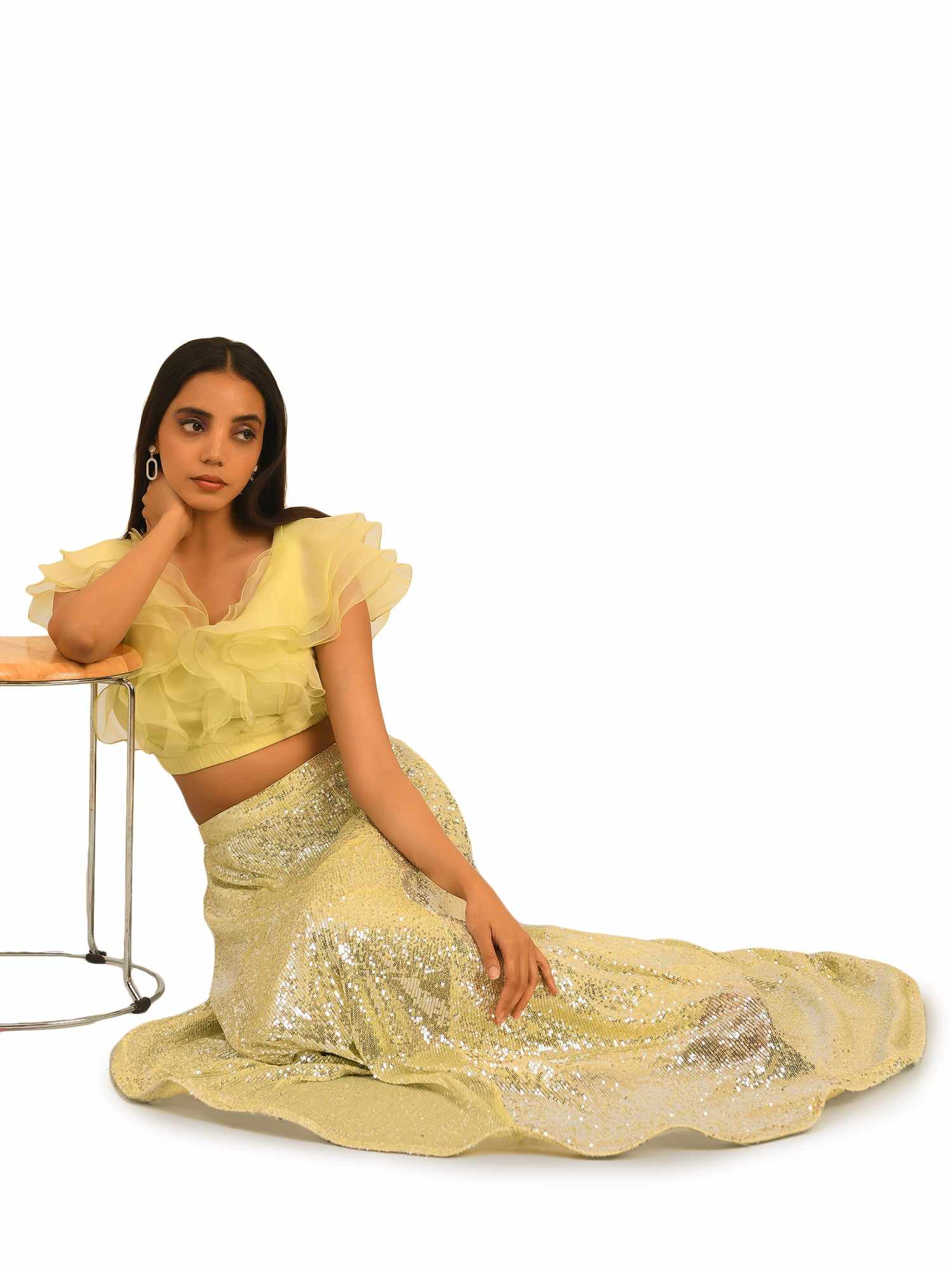 sequined tulle floor length lemon skirt