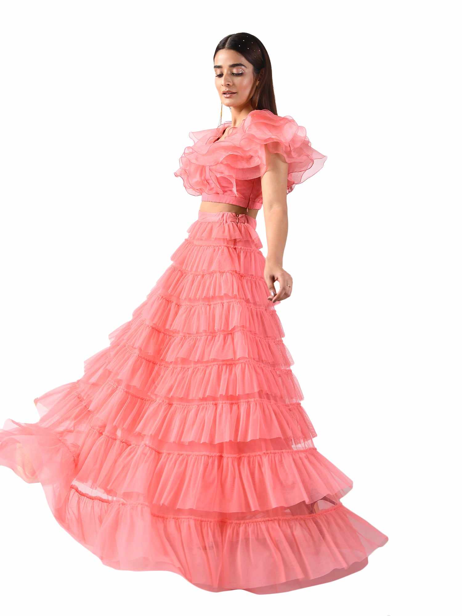 pink ruffles long skirt