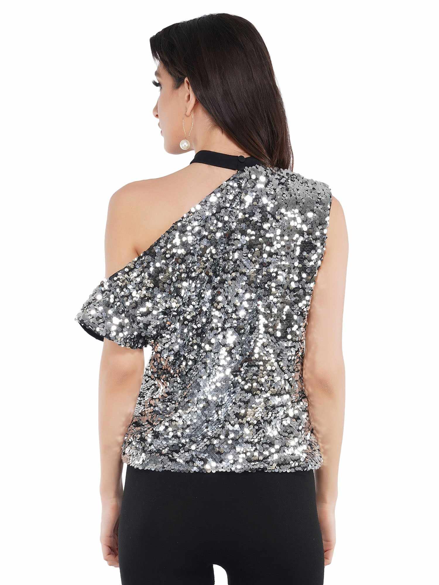 glittering cutout sequined tulle top