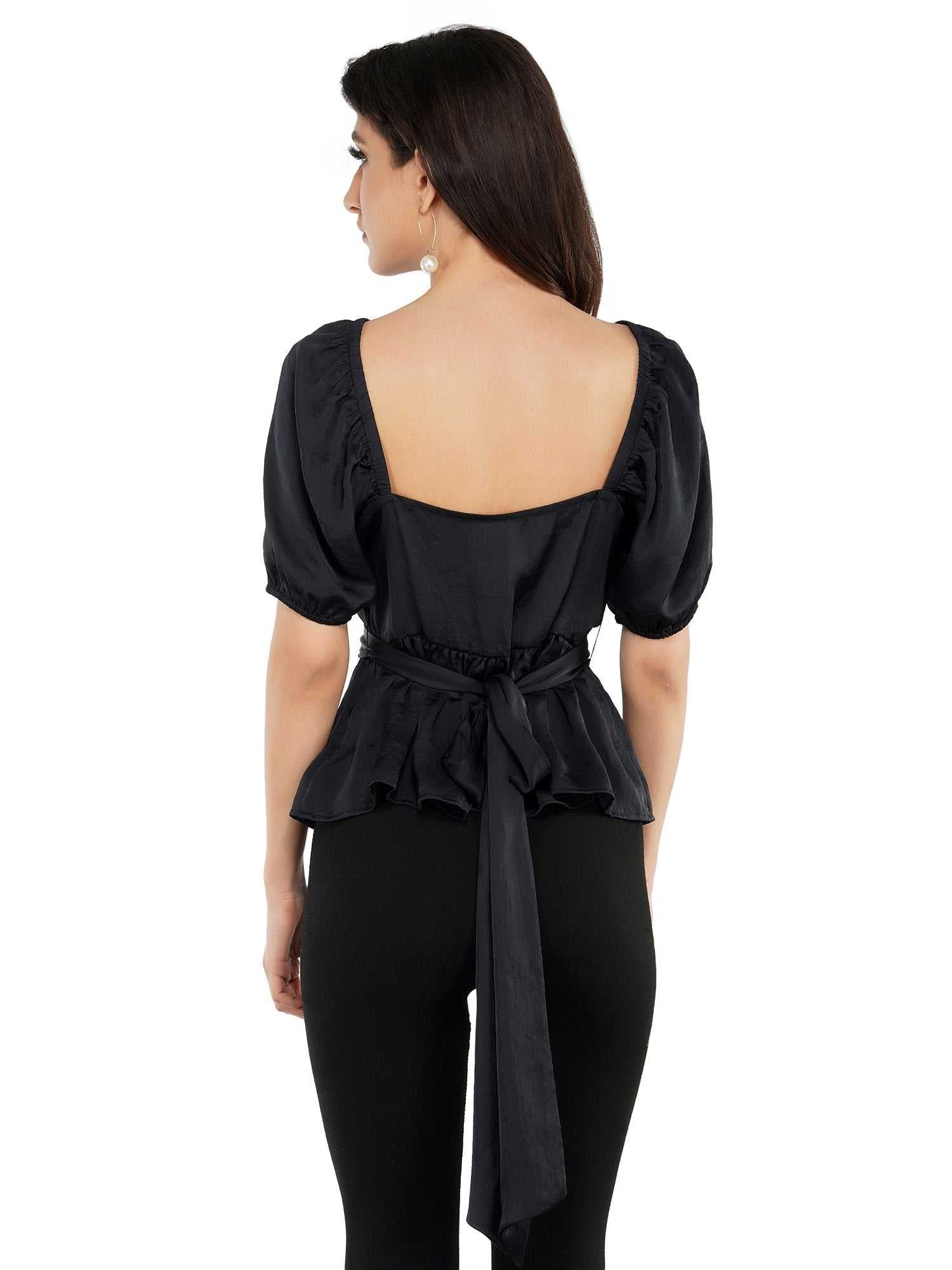 shine in black peplum wrapped blouse