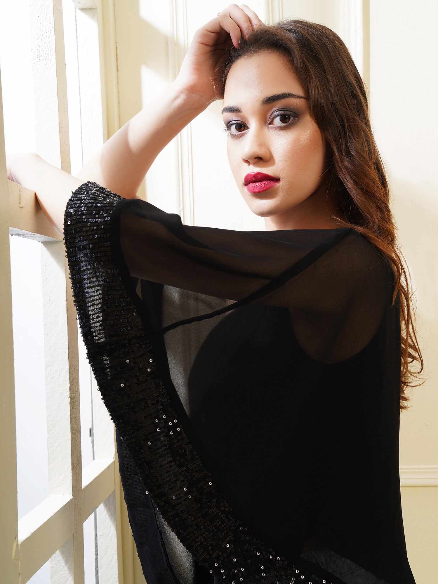 one shoulder cape black top