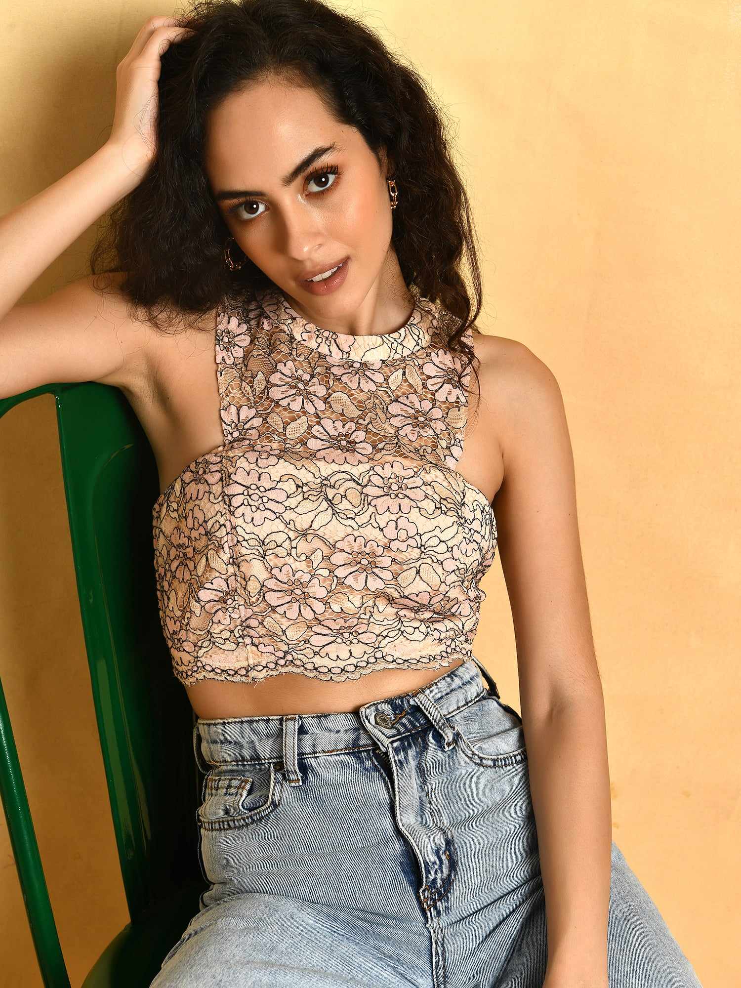 halter neck lace crop top