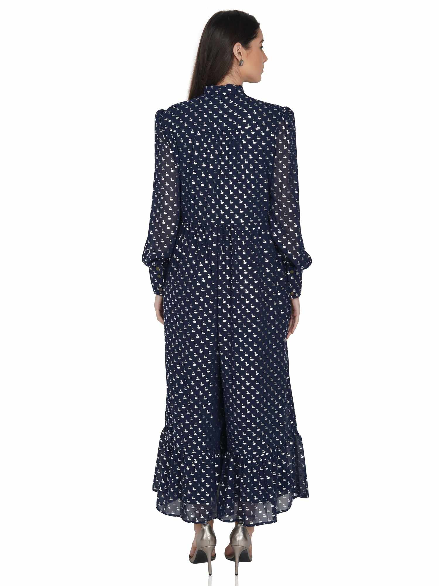 swan print flared jumpsuit