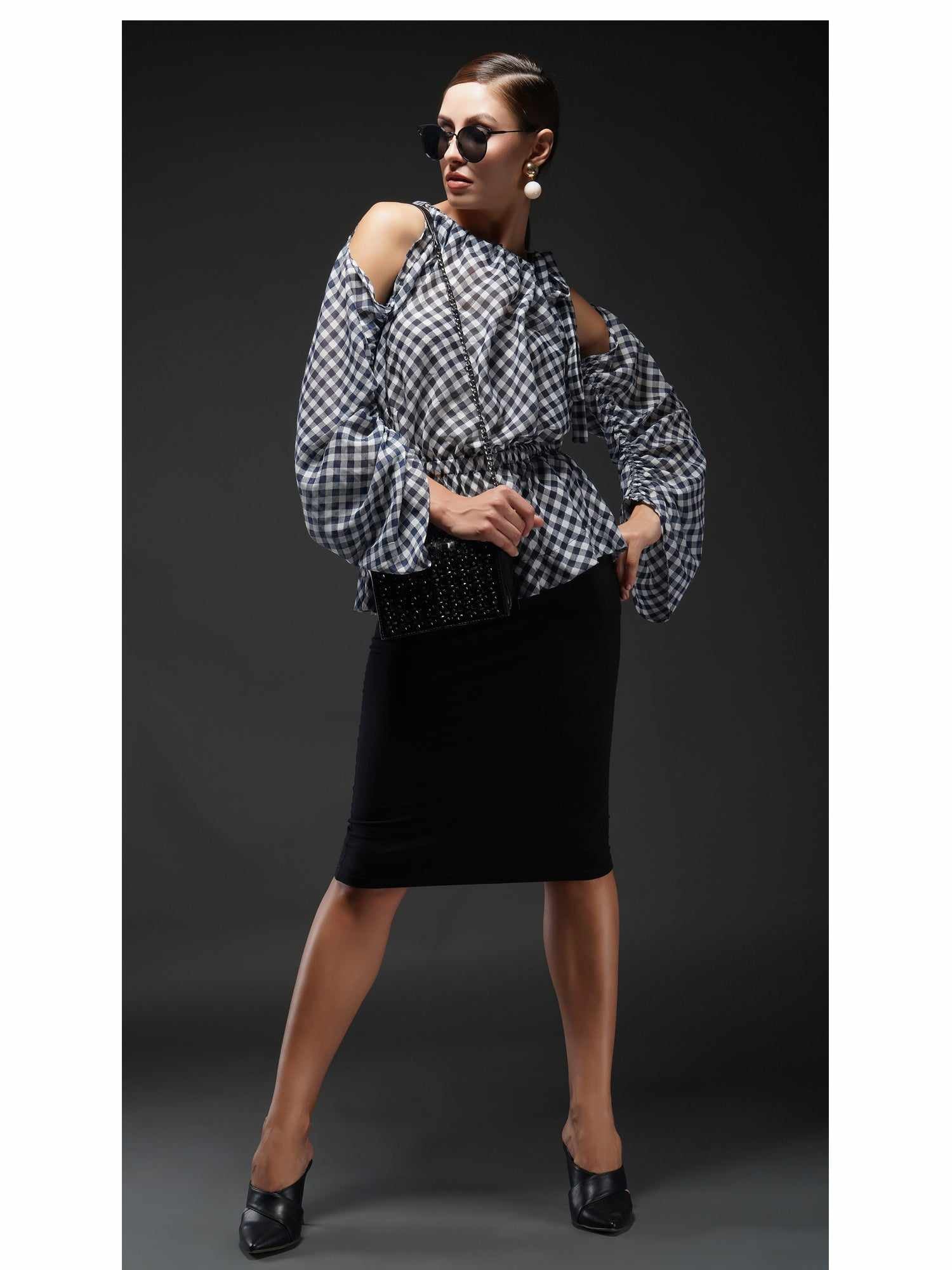 cold shoulder oversized sleeve diagonal check top